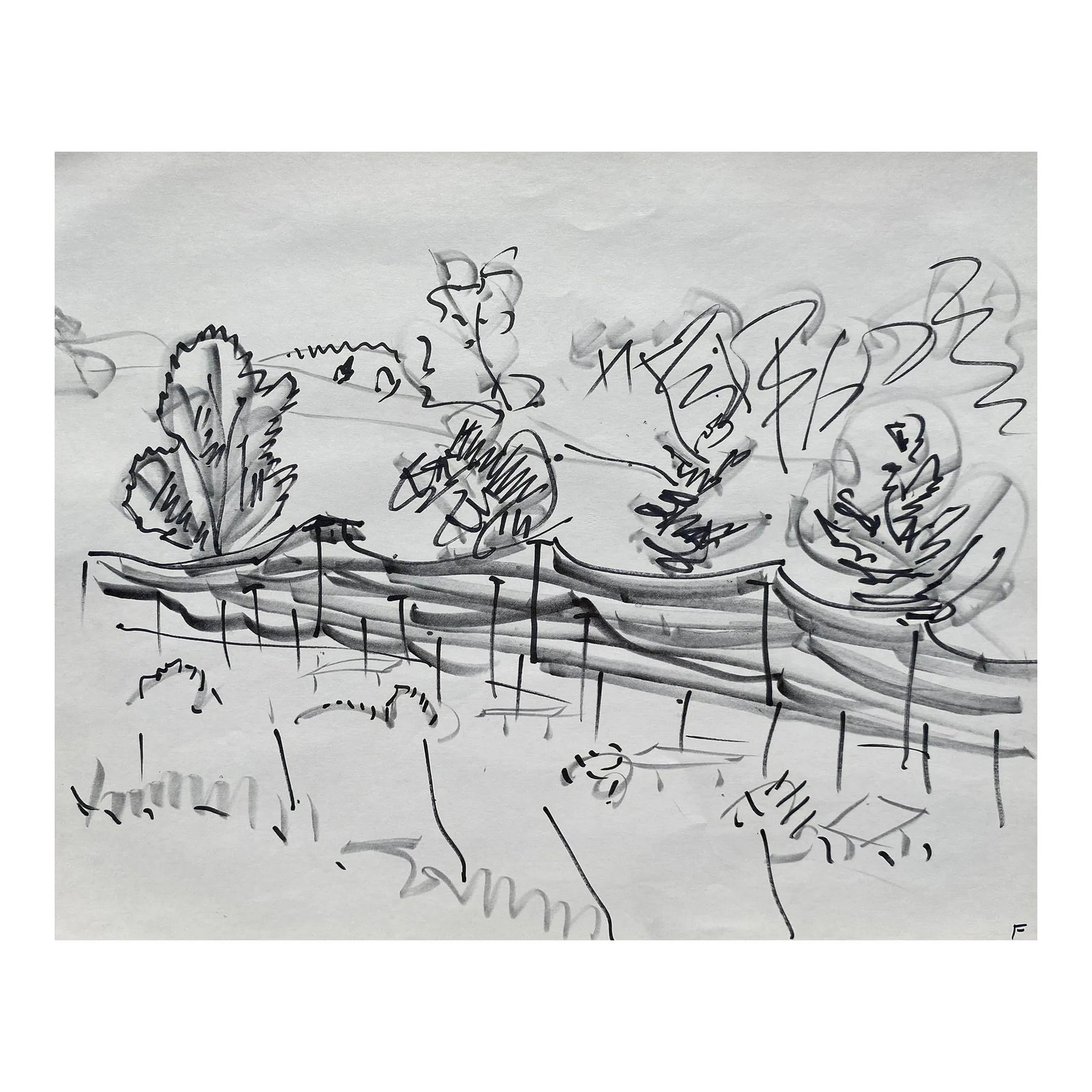 Frank Wallace Vermont Landscape Drawing: Abstract landscape drawing by Vermont artist Frank Wallace (1915/18-2003). Wallace was born in Toledo, Ohio and grew up in Massachusetts attending Phillips Academy and Amherst College. He studied at