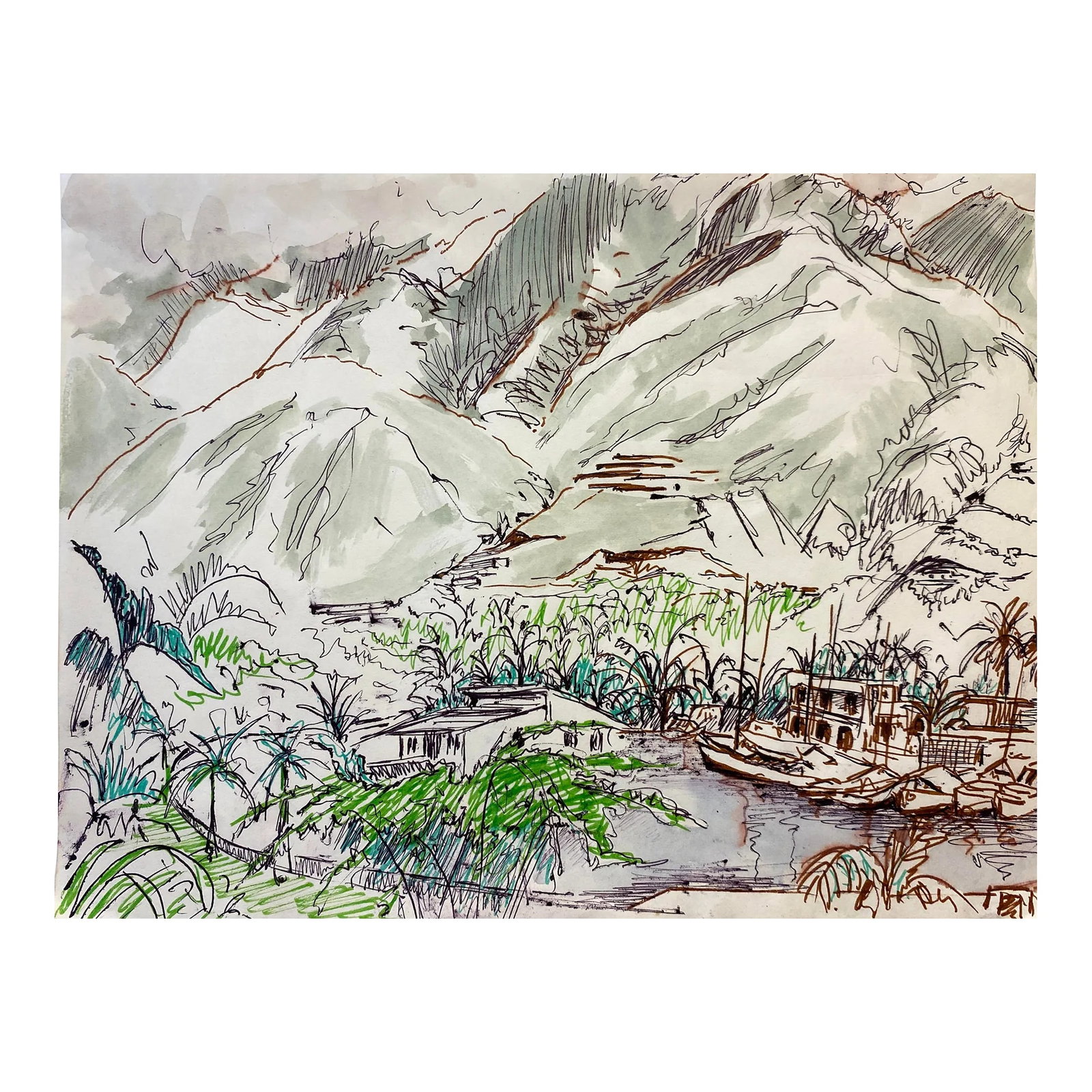 1970s Ivy Attwell Tropical Coast Painting: Painting by English artist Ivy Attwell (1895-1985). Attwell traveled extensively all over the world and recorded her travels from the 1950s until about 1980. South American Coastal Scene, circa early