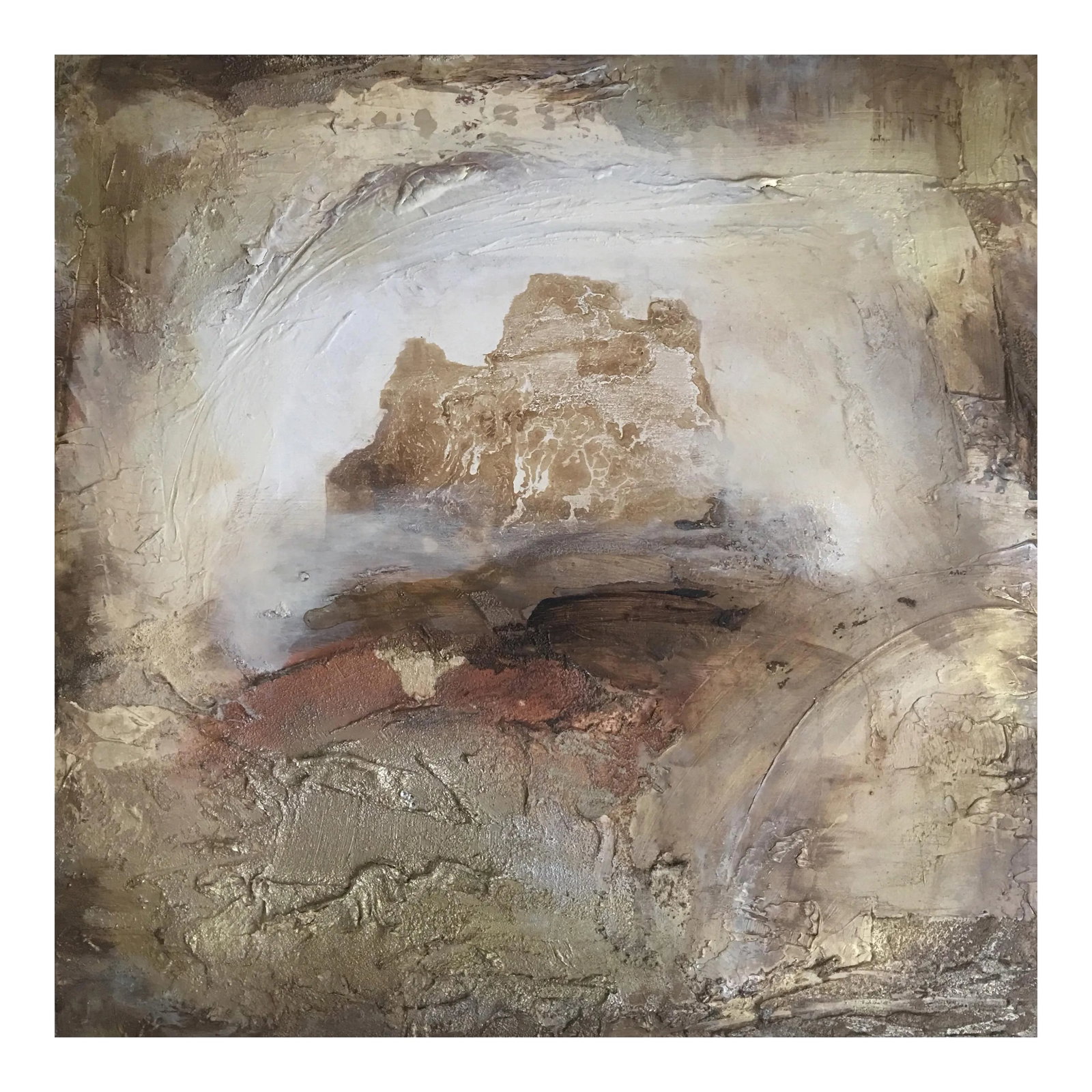 "Portal (#9 in Series)" Original Abstract Modern Neutral Art Metallic Landscape Painting: Series Poetic Statement: Portal of Peace. 24" x 24" Eco-Friendly Textured Oil, Acrylic, Metallic Champagne, Brass, Gold and Bronze Statement Painting. Portal IX by Morata is a One-of-a-Kind