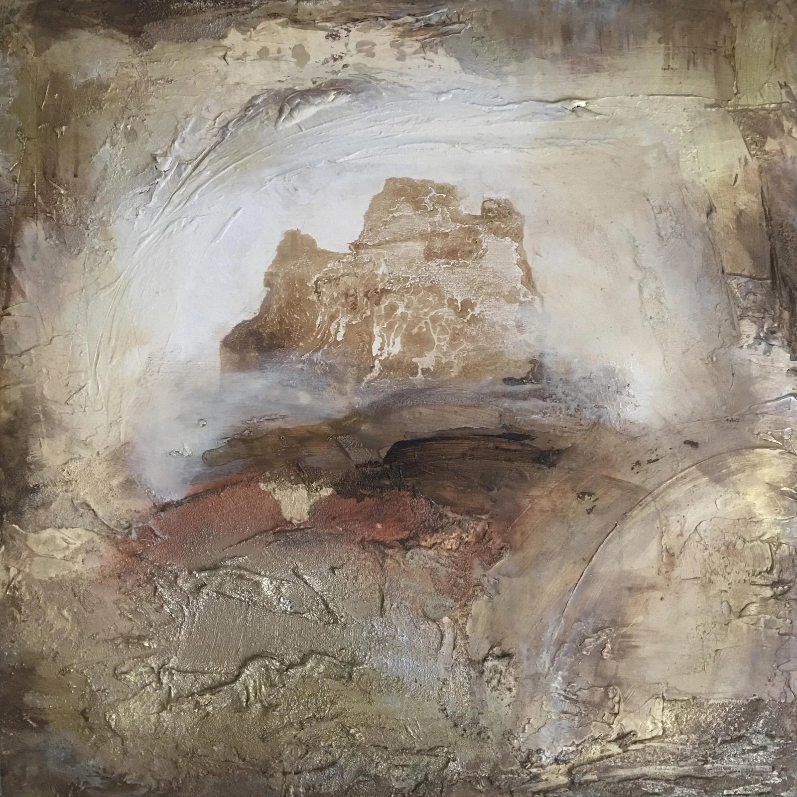 "Portal (#9 in Series)" Original Abstract Modern Neutral Art Metallic Landscape Painting - 2