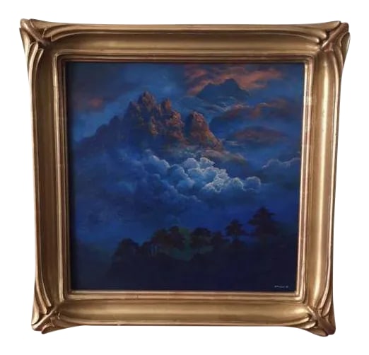 Mark Roland 1984 Clouded Mountain Oil Painting: Gold framed oil painting depicting a dramatic fantasy scene with moody clouds. Frame alone originally cost $2500. Condition: Alterations: Original Condition Unaltered Imperfections: Some