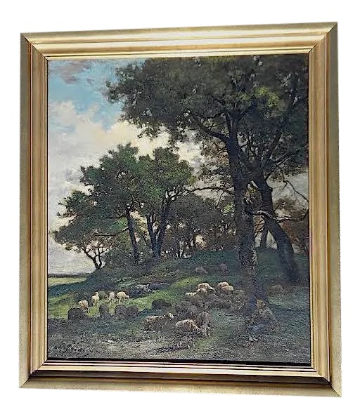 Original Signed Antique Oil on Canvas-Sheep & Shepherd-Charles Emile Jacque-Barbizon School: This outstanding bucolic oil on canvas by the well listed French artist Charles Emile Jacque (France 1814-1894) depicts a pastoral scene with a shepherdess and her flock. Circa 1860's. Signed lower