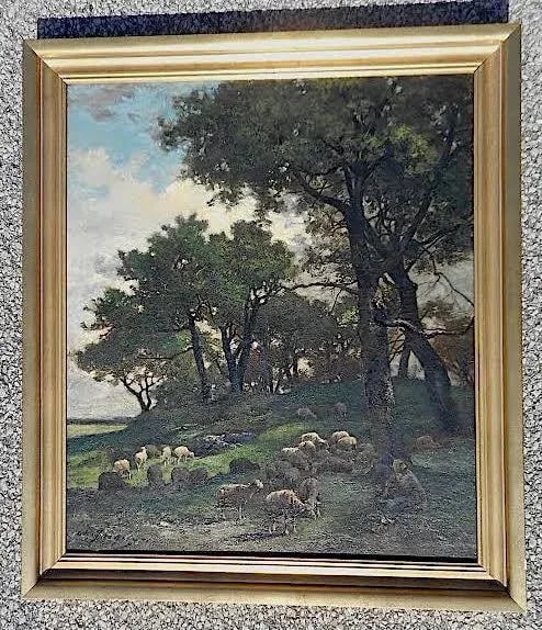 Original Signed Antique Oil on Canvas-Sheep & Shepherd-Charles Emile Jacque-Barbizon School - 2