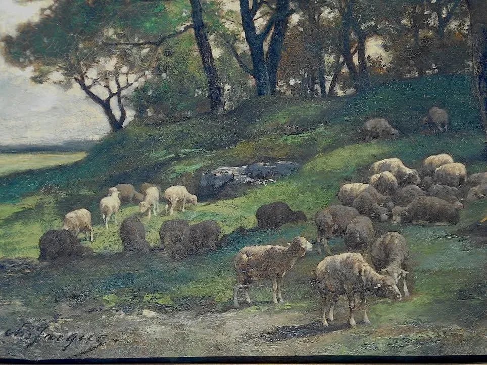 Original Signed Antique Oil on Canvas-Sheep & Shepherd-Charles Emile Jacque-Barbizon School - 3