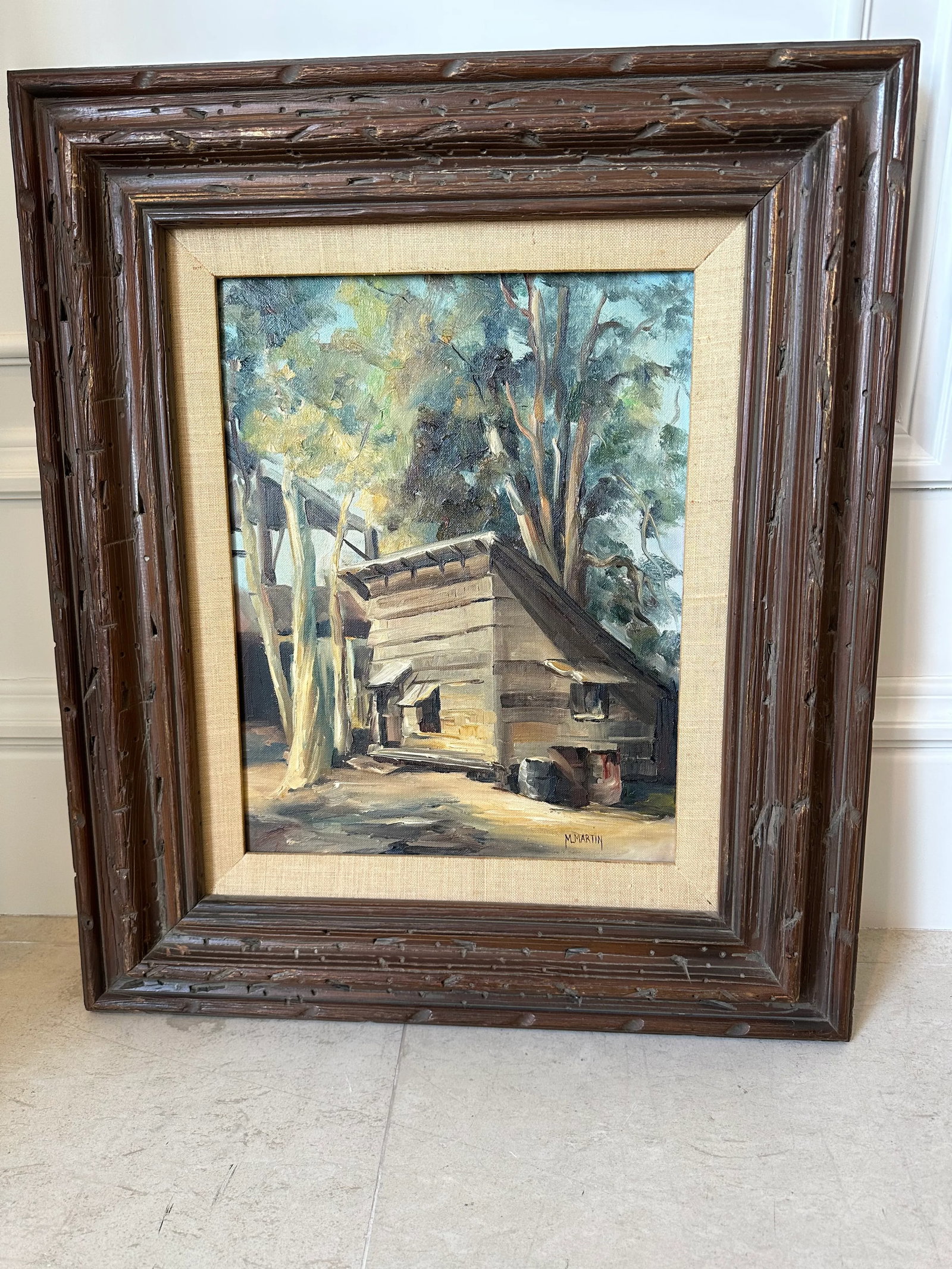 Vintage 1960's Plein Air Framed Signed Oil Painting of a Mid-Century Cabin in the Woods - 11