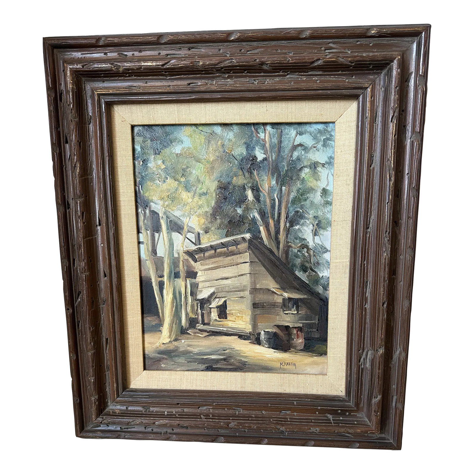 Vintage 1960's Plein Air Framed Signed Oil Painting of a Mid-Century Cabin in the Woods: Fabulous framed signed plein air oil painting, dating to the 1960's. Heavily textured oil on board. Featuring a mid-century cabin in the woods. Gorgeous warm neutral shades of tan, brown, khaki, vario