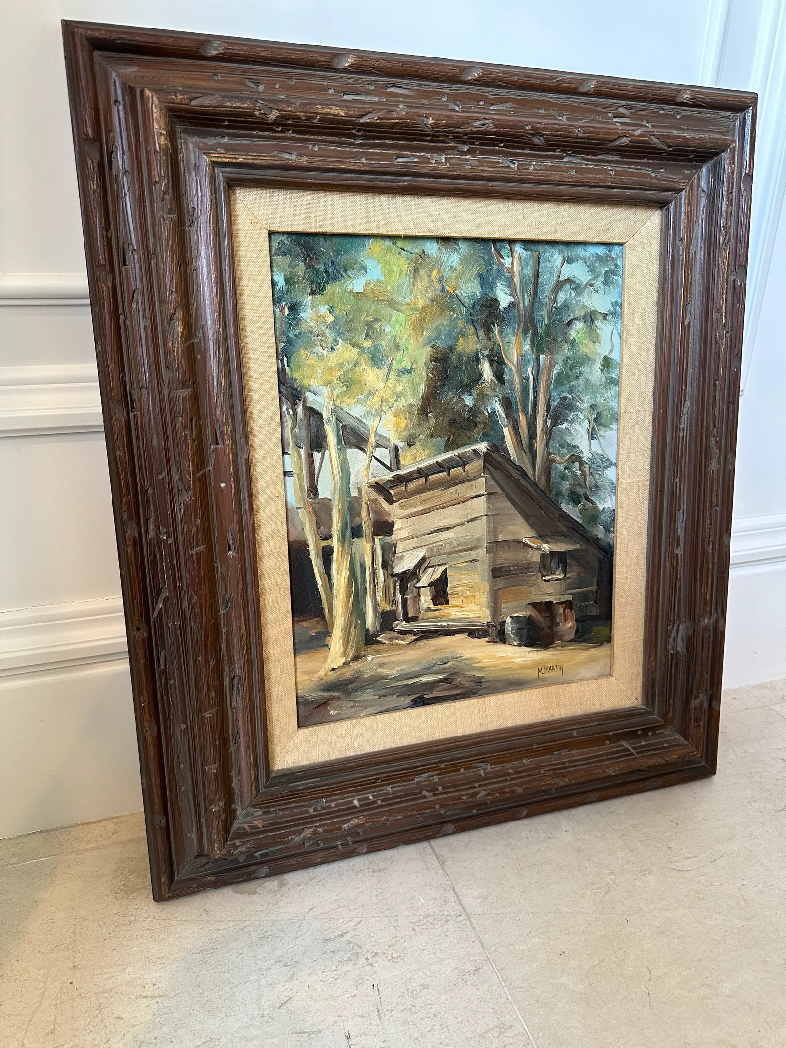 Vintage 1960's Plein Air Framed Signed Oil Painting of a Mid-Century Cabin in the Woods - 2