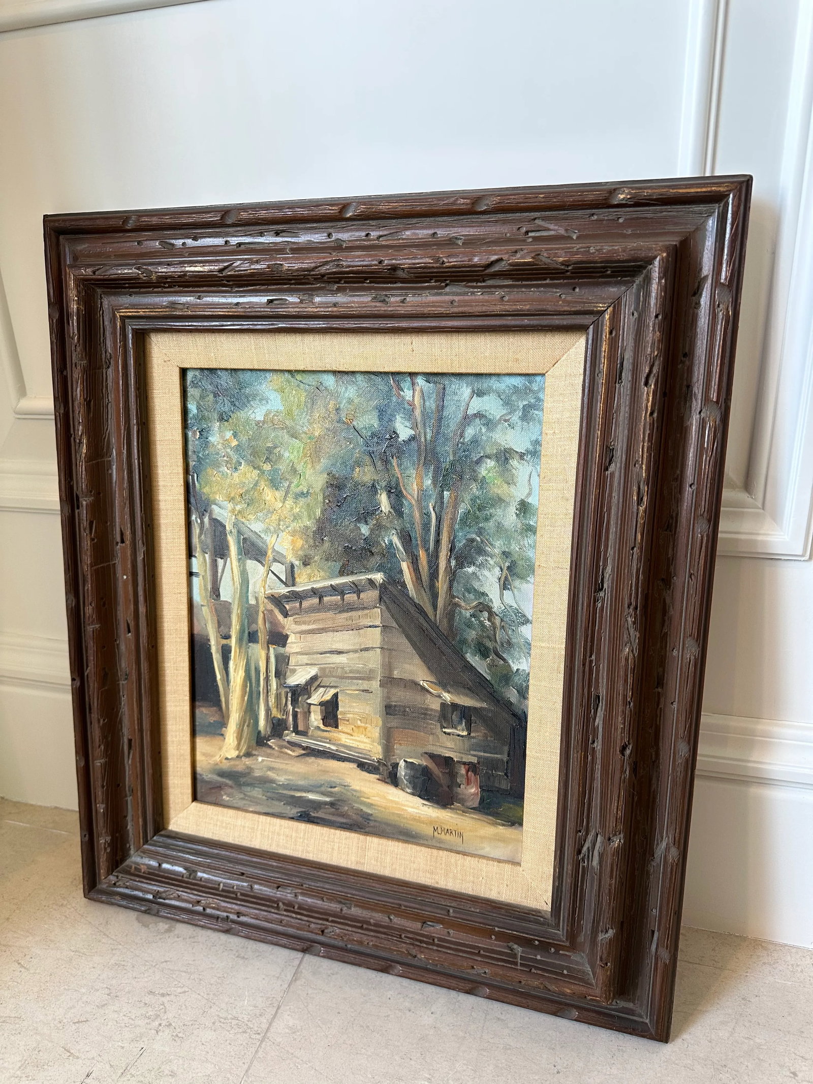 Vintage 1960's Plein Air Framed Signed Oil Painting of a Mid-Century Cabin in the Woods - 3