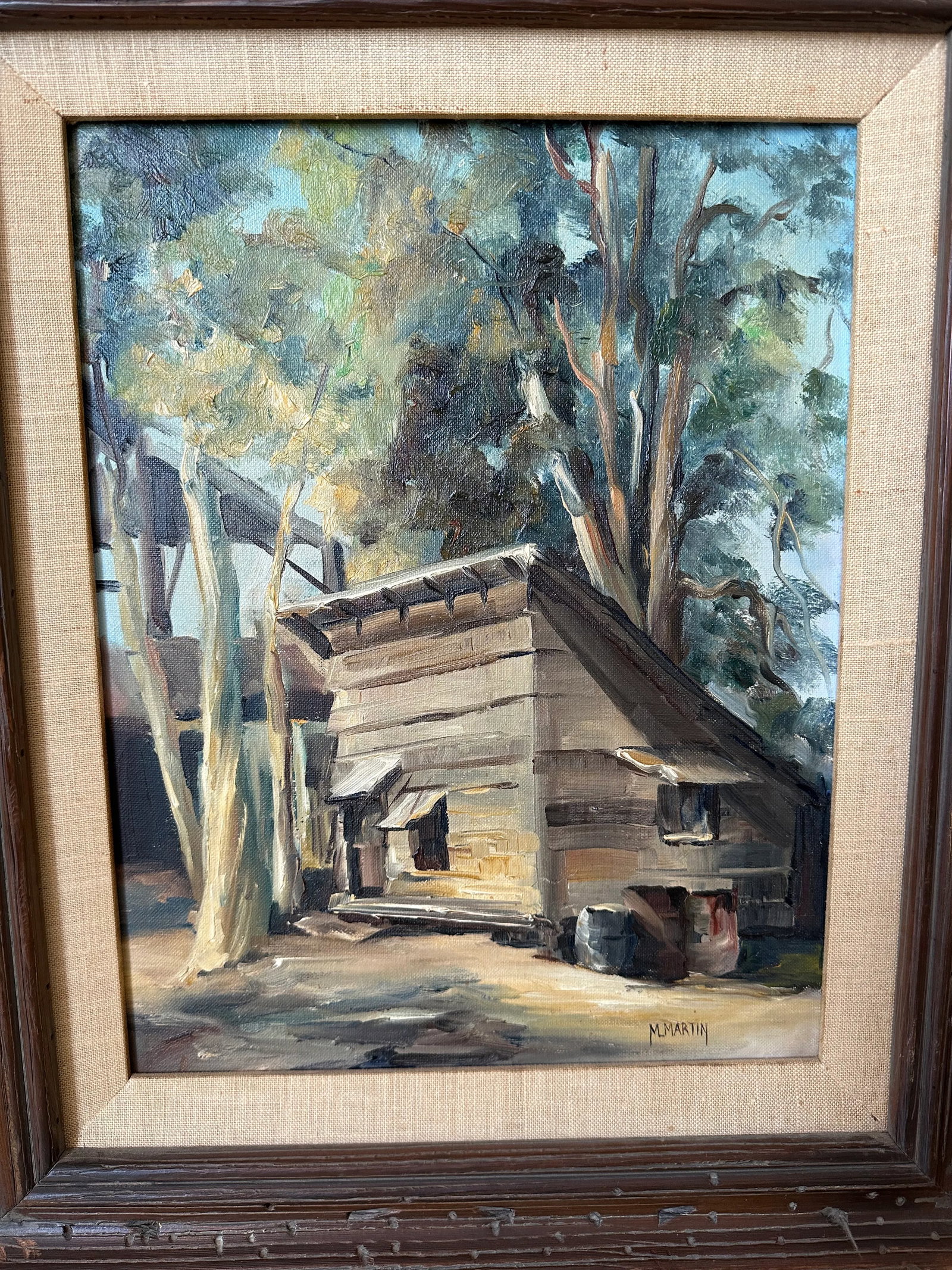 Vintage 1960's Plein Air Framed Signed Oil Painting of a Mid-Century Cabin in the Woods - 4