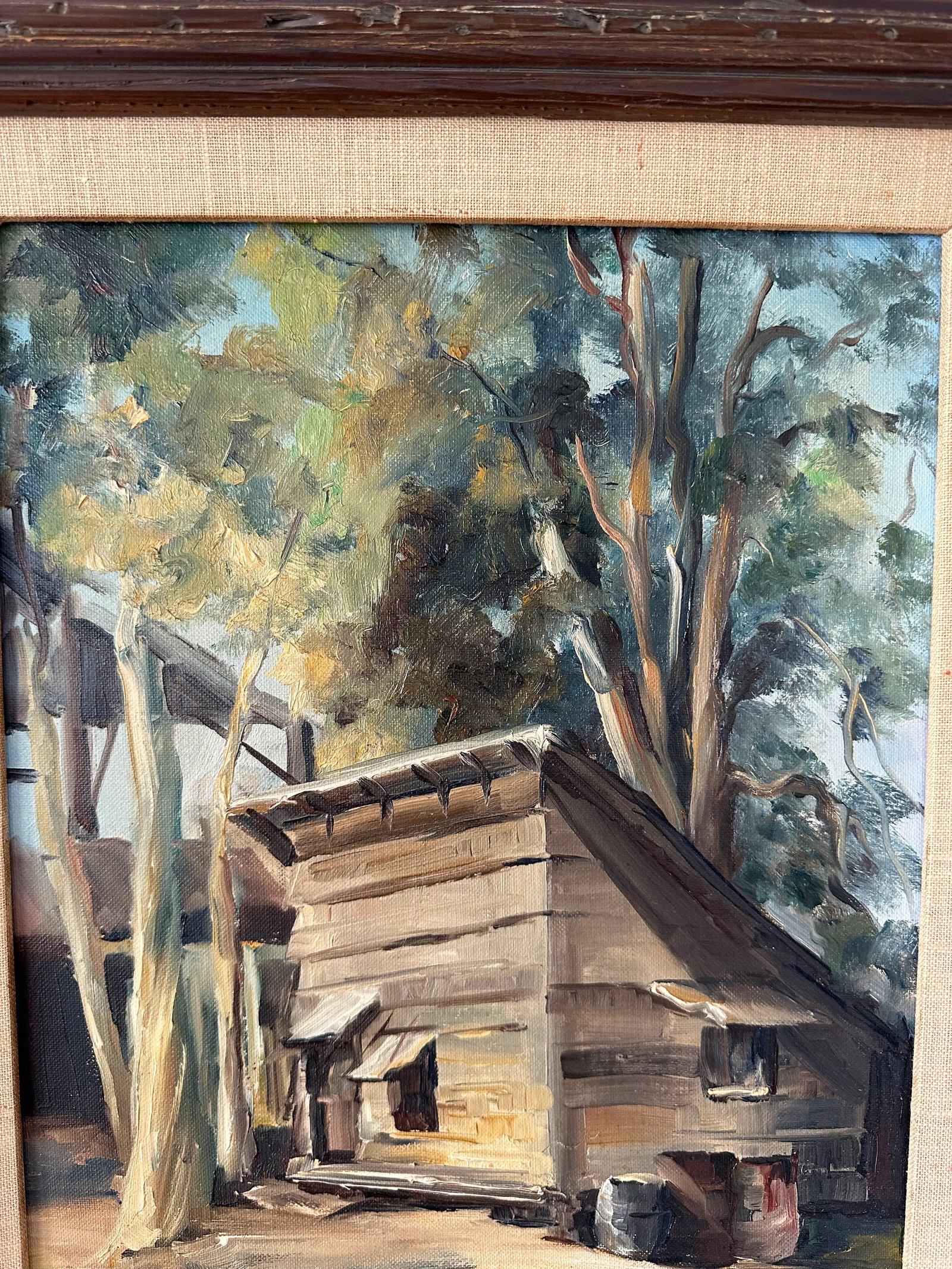 Vintage 1960's Plein Air Framed Signed Oil Painting of a Mid-Century Cabin in the Woods - 5