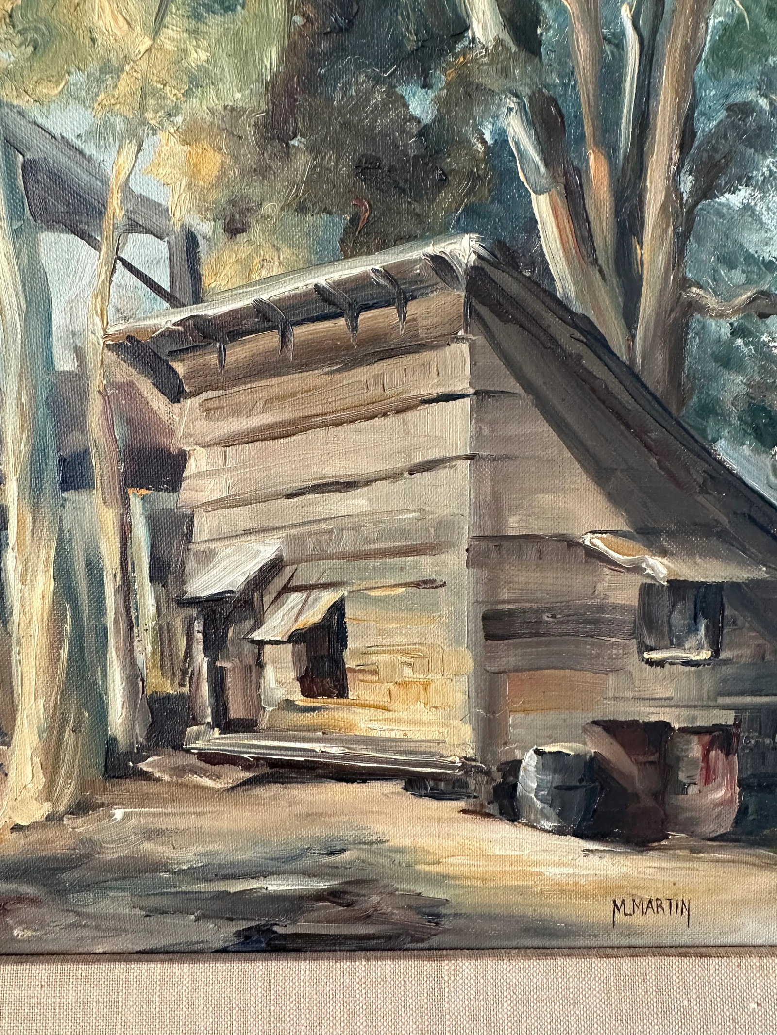 Vintage 1960's Plein Air Framed Signed Oil Painting of a Mid-Century Cabin in the Woods - 6