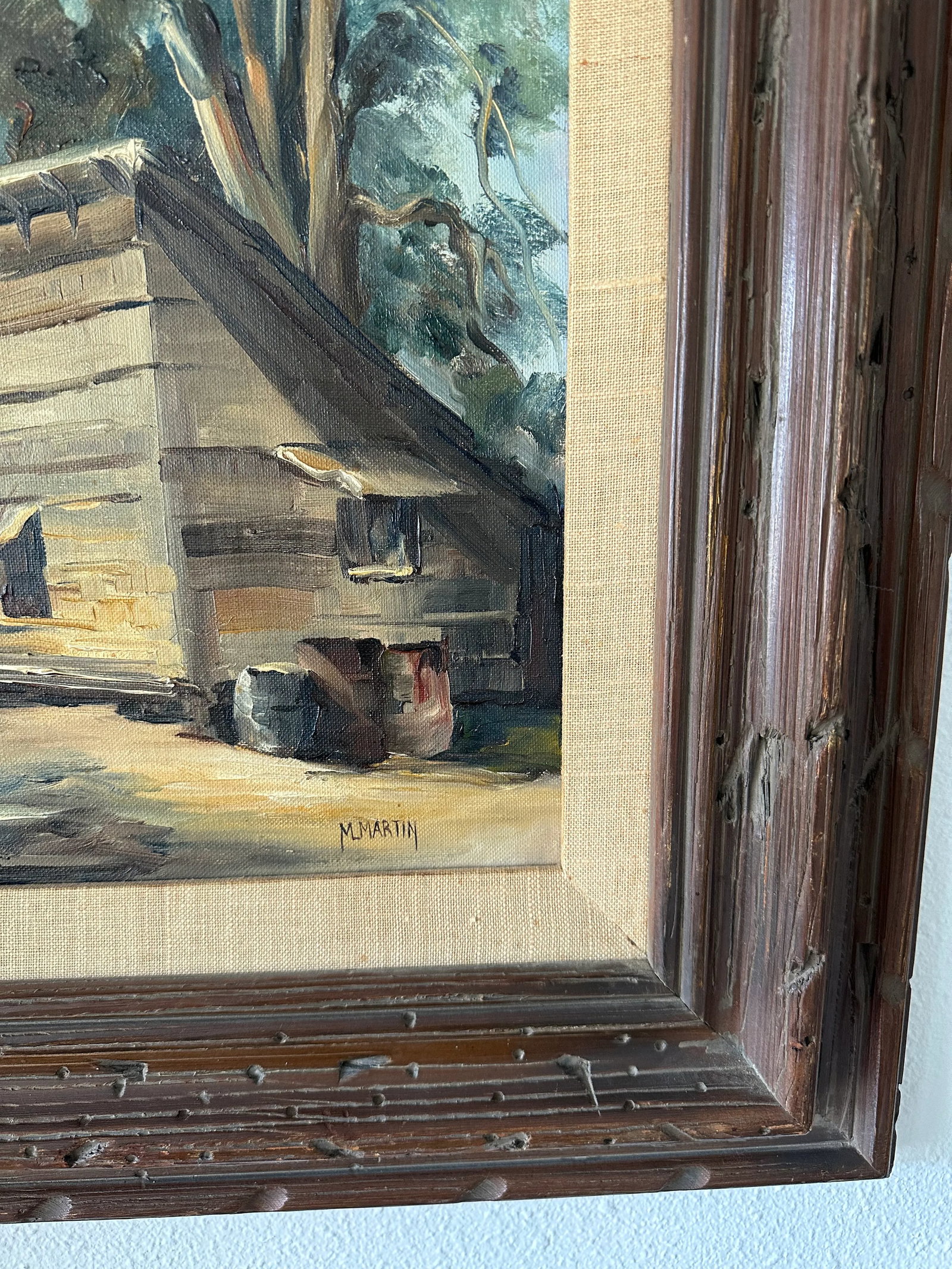 Vintage 1960's Plein Air Framed Signed Oil Painting of a Mid-Century Cabin in the Woods - 7