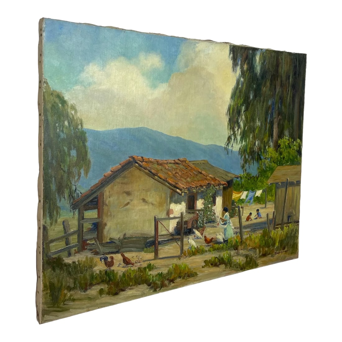 Vintage Joane Cromwell Original Signed Oil Painting on Canvas of a California Scene "Be It Ever So H: The Joane Cromwell Original Signed Oil Painting on Canvas, titled "Be It Ever So Humble," is a beautiful and unique piece of artwork that captures a California landscape and home life in the 1950s.