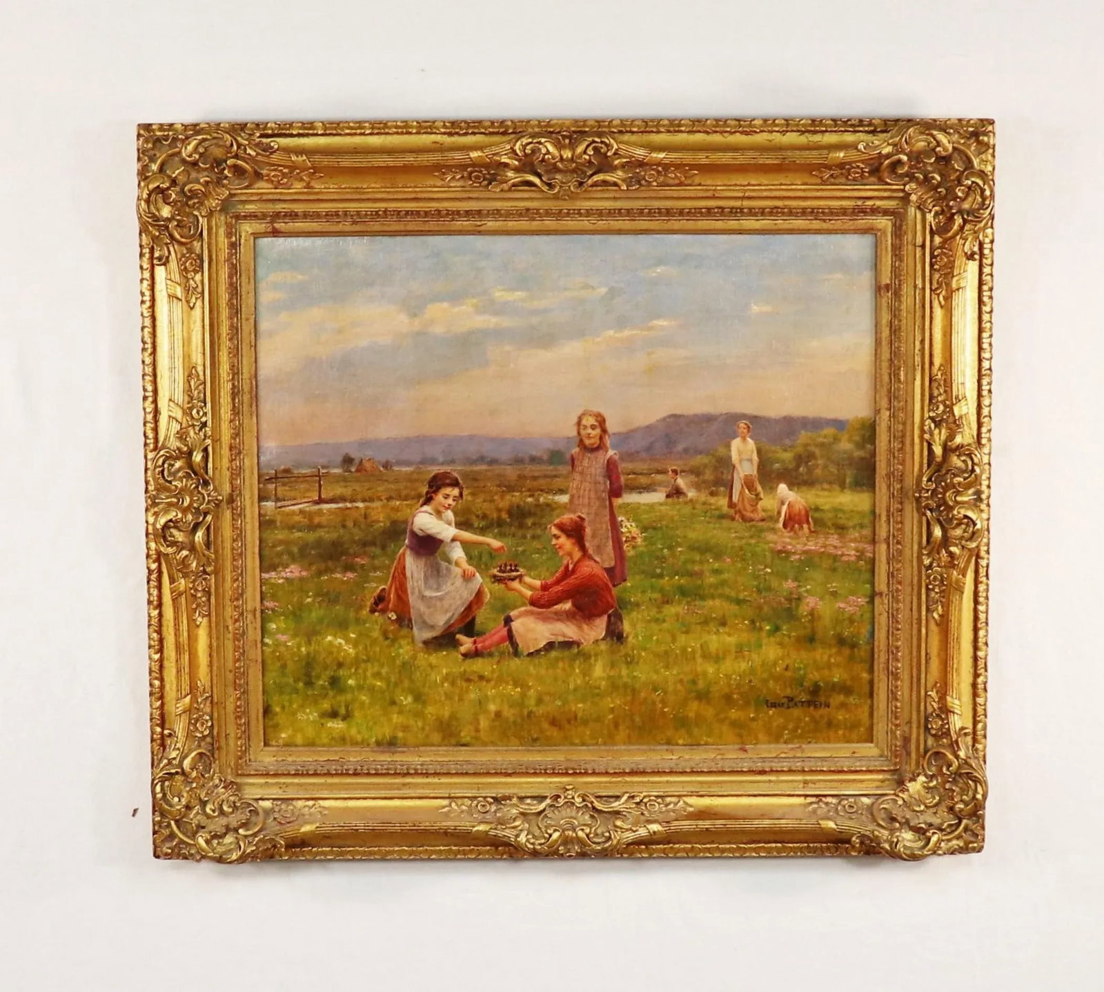 Oil on Canvas "Feeding the Birds" by Cesar Pattein ( French 1850 - 1931) - 12