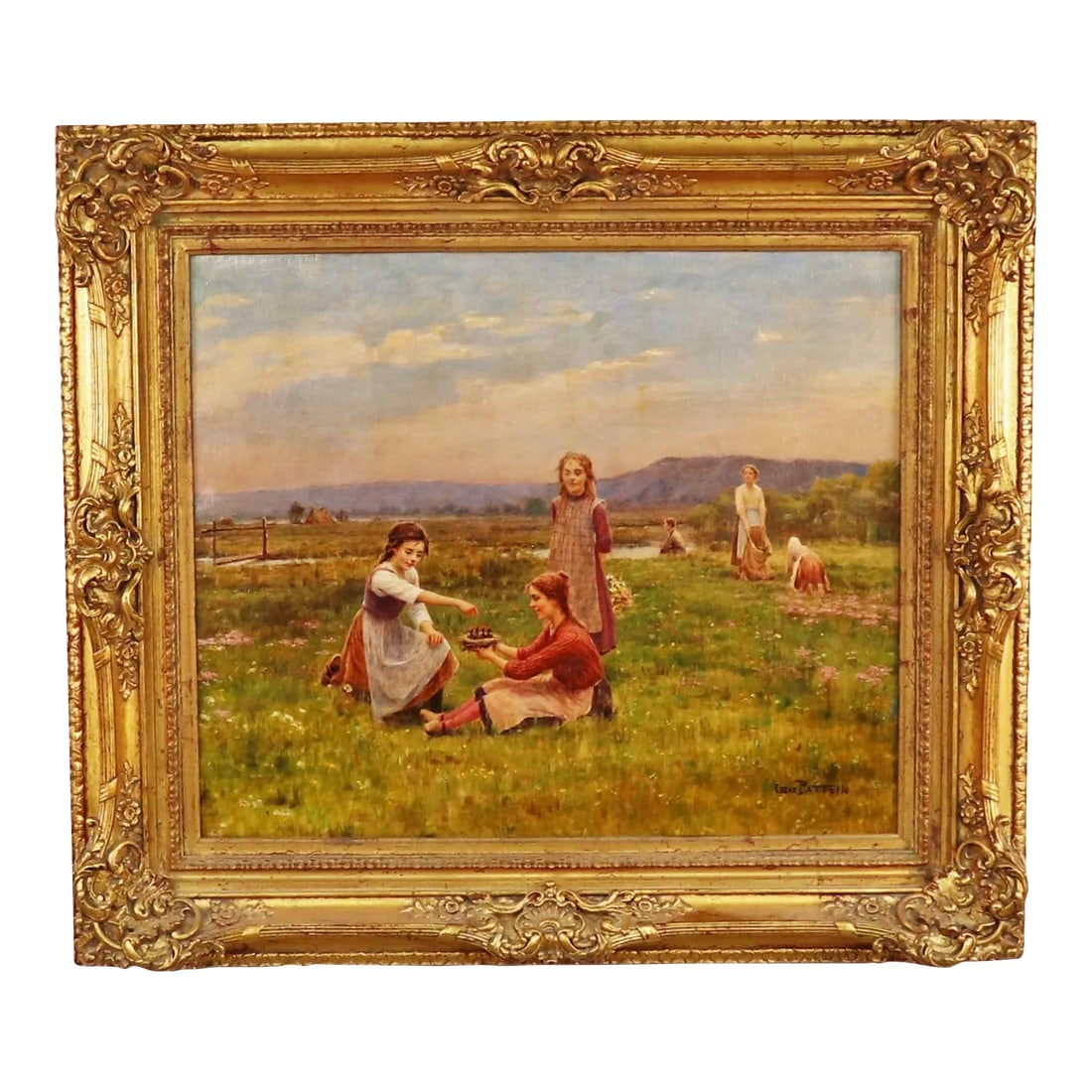 Oil on Canvas "Feeding the Birds" by Cesar Pattein ( French 1850 - 1931): Cesar Pattein (French 1850-1931, most Active 1882-1914). Born in Steenvoorde, in northern France, Pattein was raised among farmers and maintained a close connection to the rural region throughout his 