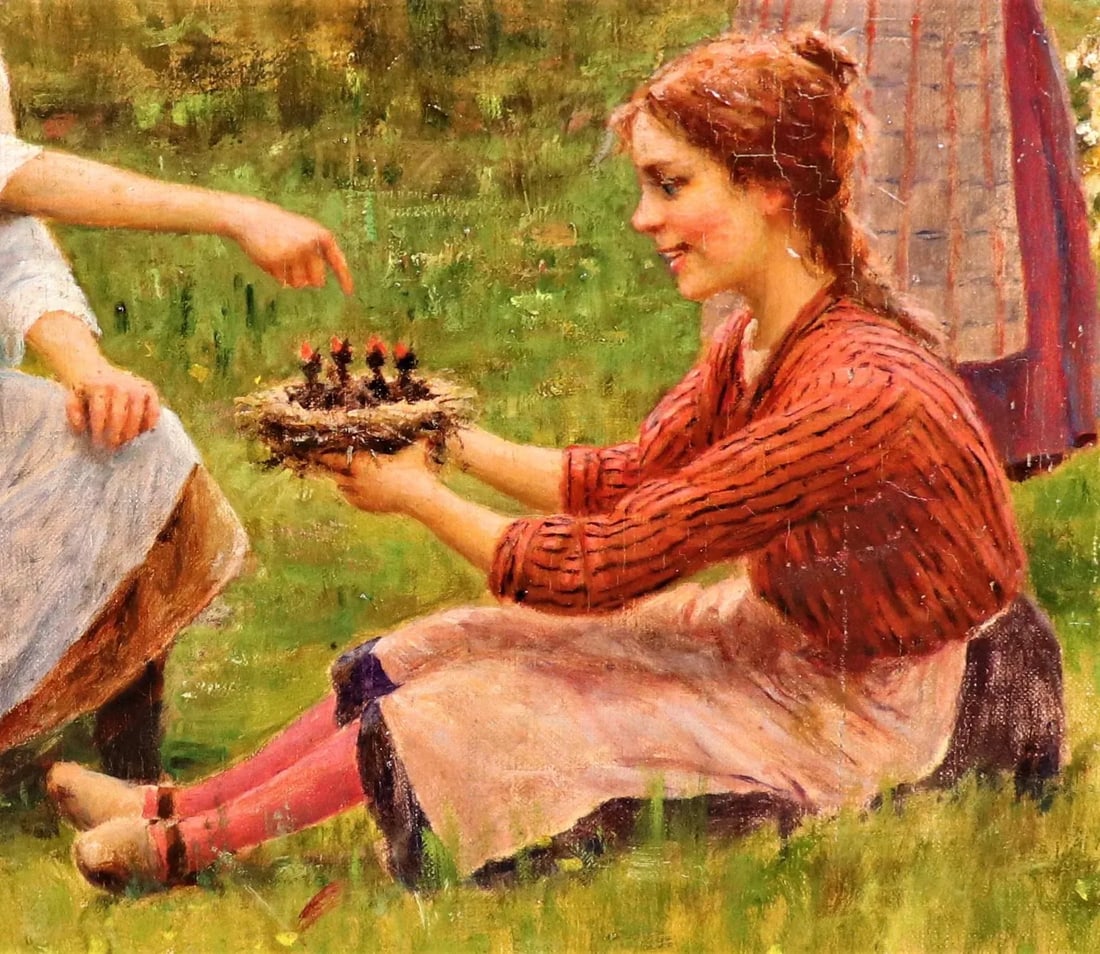 Oil on Canvas "Feeding the Birds" by Cesar Pattein ( French 1850 - 1931) - 7