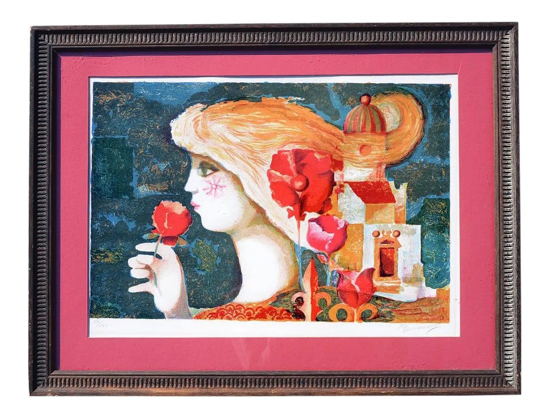 Mid-Century Pla Domenech Signed Blonde Girl Lithograph: Absolutely stunning signed and numbered Pla Domenech lithograph depicting a young blonde girl holding a flower with hair swirling around a tower on a building. Pla Domenech was a mid century era Spani