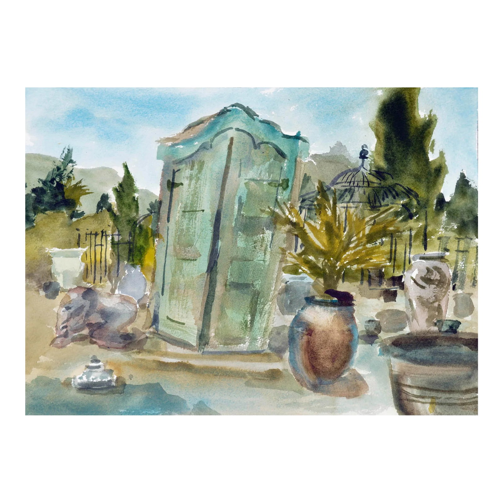 Sculpture Garden Landscape by Les Anderson: Serene figurative landscape of a sculpture garden full of plants and architectural elements by Les (Leslie Luverne) Anderson (American, 1928-2009). From the estate of Les Anderson in Monterey,