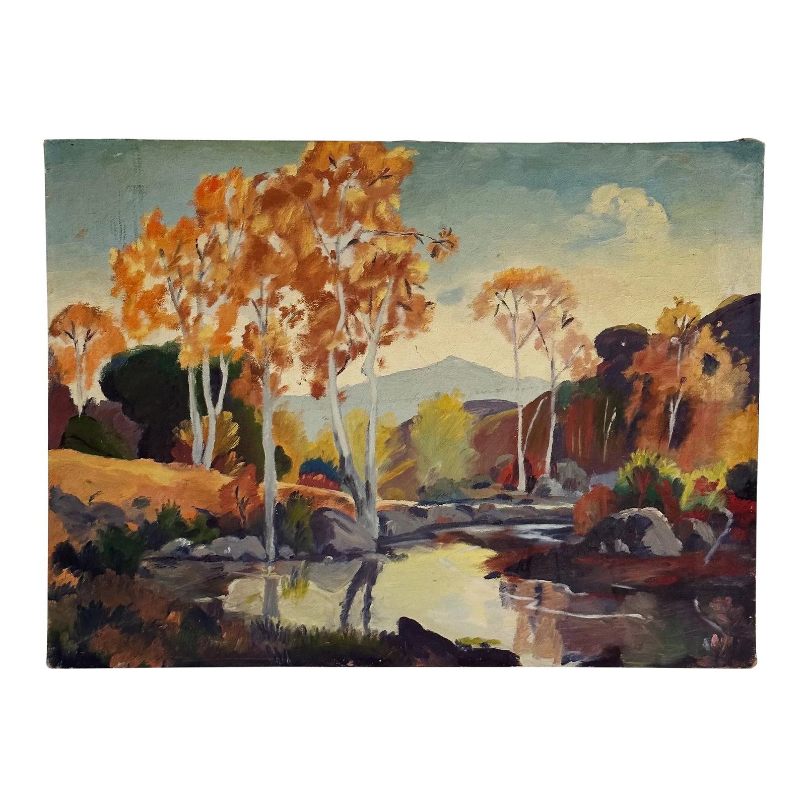 Mid-Century Oil Painting Depicting California Autumn Trees and Lake by Olive Van Bergen: Mid-Century Oil Painting depicting California Autumn Trees and Lake by Olive Van Bergen Measures approx: 27x 20 Raw edged canvas with original tacks and stretcher. Please visit my other listings for