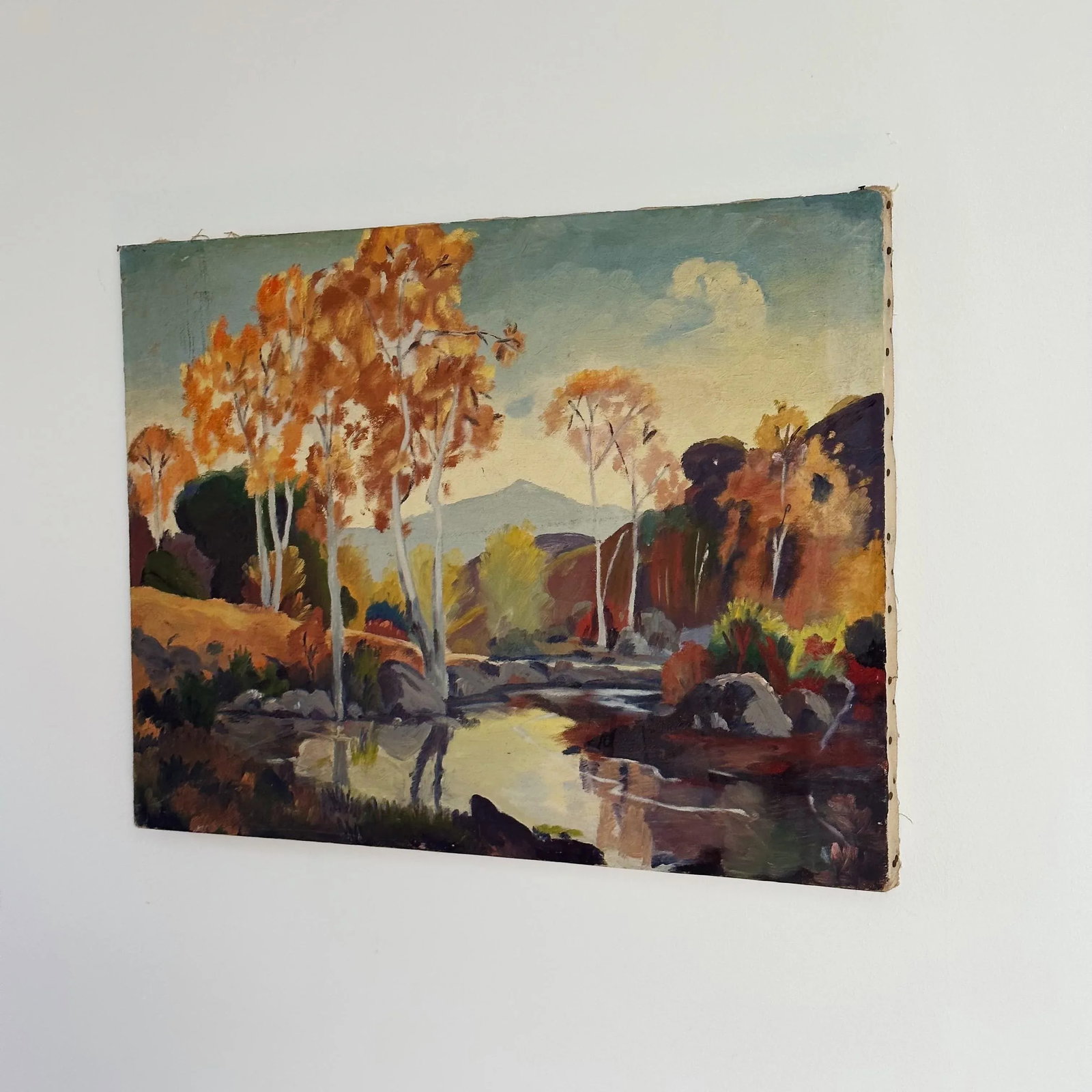 Mid-Century Oil Painting Depicting California Autumn Trees and Lake by Olive Van Bergen - 2