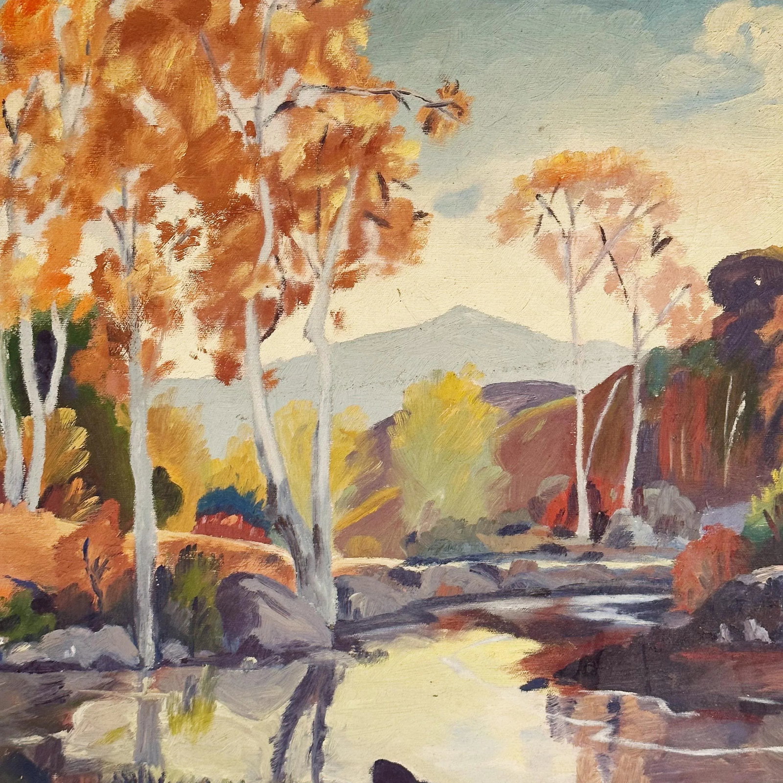 Mid-Century Oil Painting Depicting California Autumn Trees and Lake by Olive Van Bergen - 3