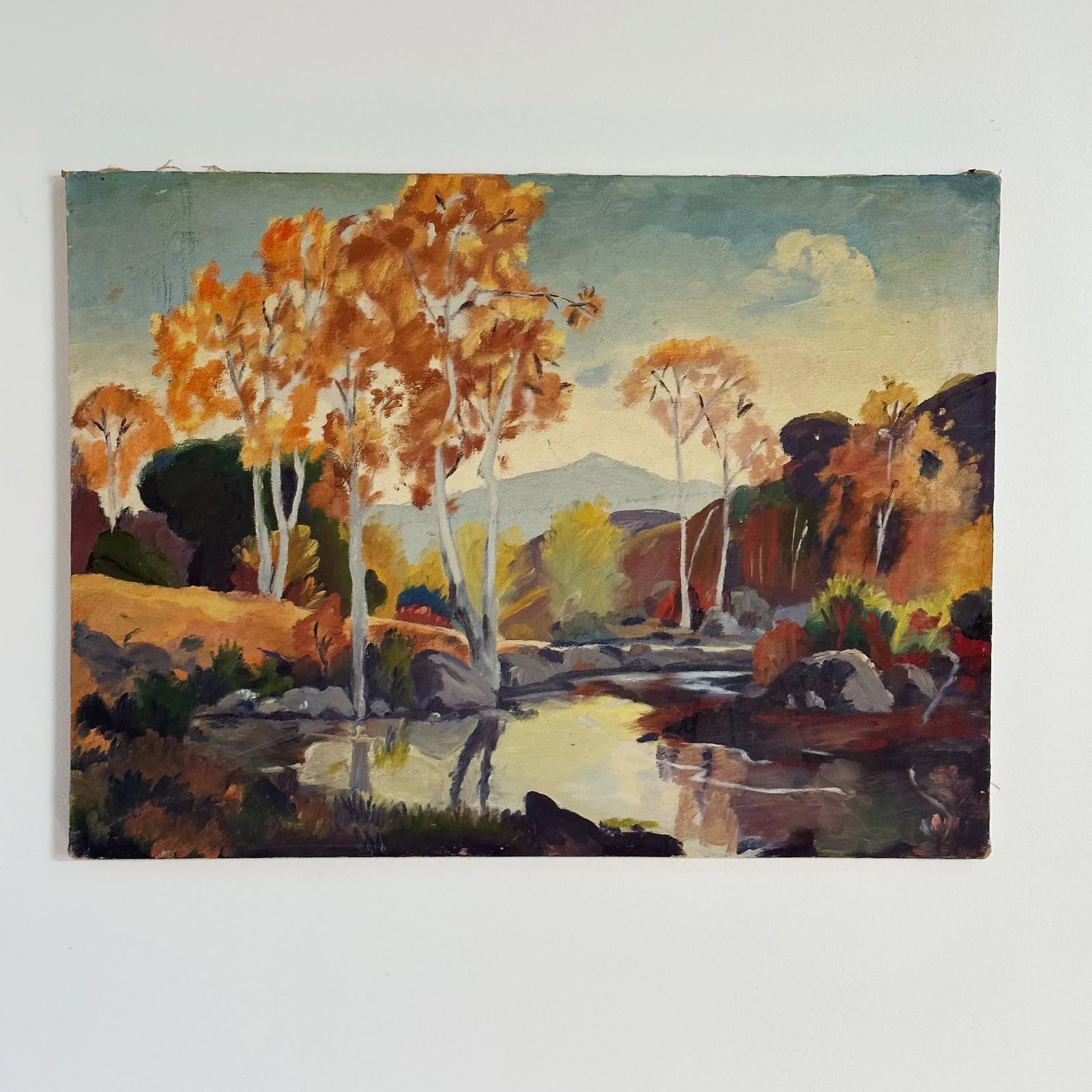 Mid-Century Oil Painting Depicting California Autumn Trees and Lake by Olive Van Bergen - 6