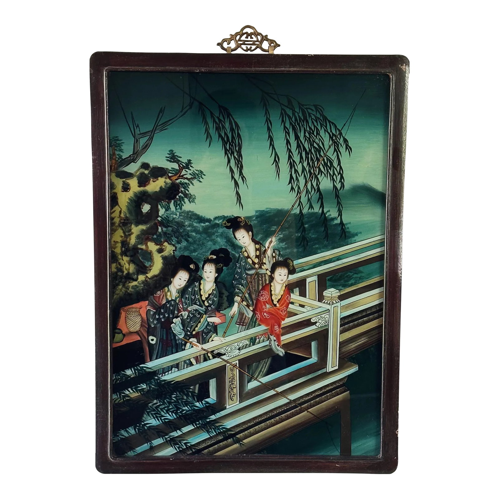 Antique Chinese Painting Depicting Traditional Women on Glass in Rosewood Frame With Bronze Detail: Antique Chinese Painting depicting Traditional Women on Glass in Rosewood Frame with Bronze Detail Measures approx: 23.5H x 17W x 1D Please visit my other listings for more curated treasures. Conditio