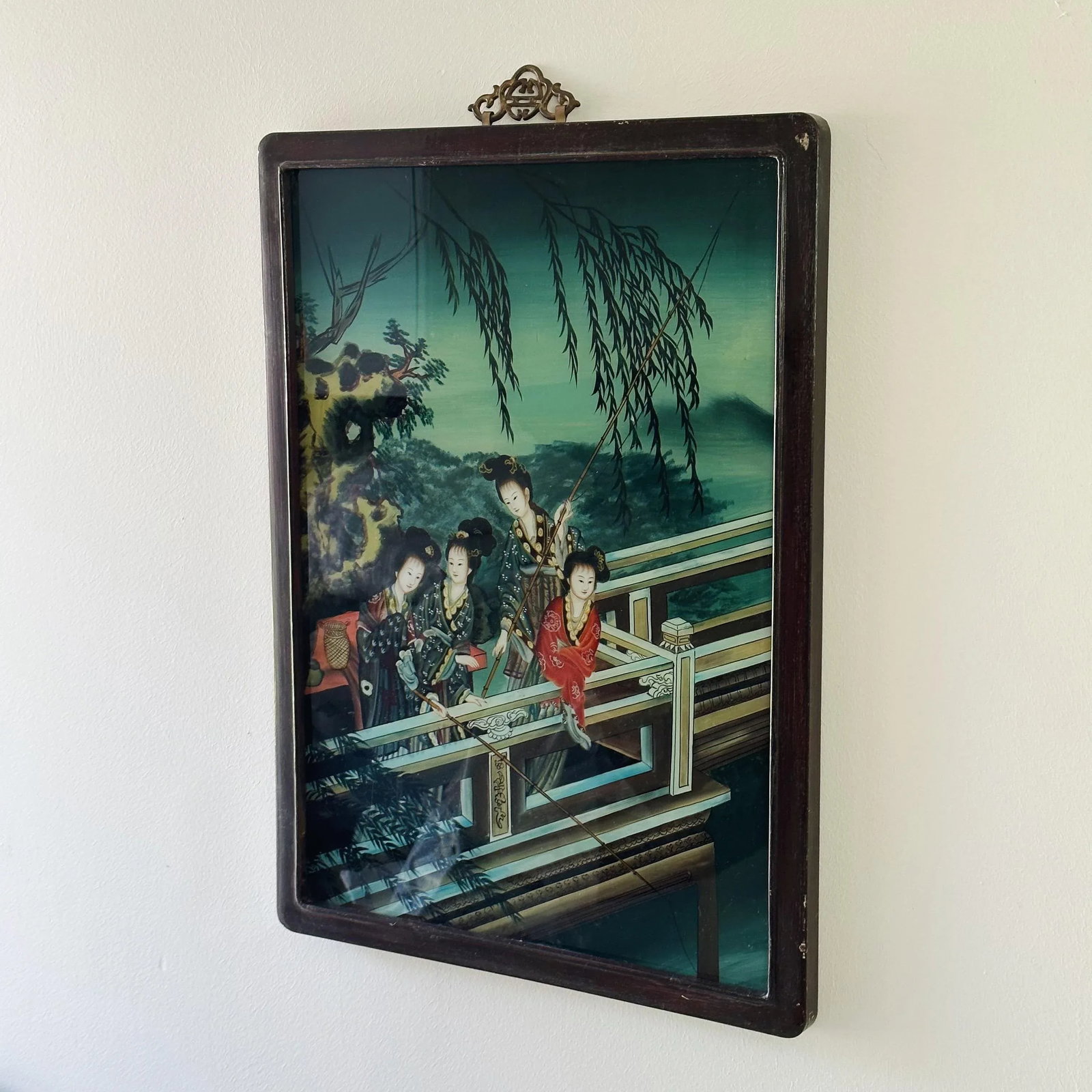 Antique Chinese Painting Depicting Traditional Women on Glass in Rosewood Frame With Bronze Detail - 2