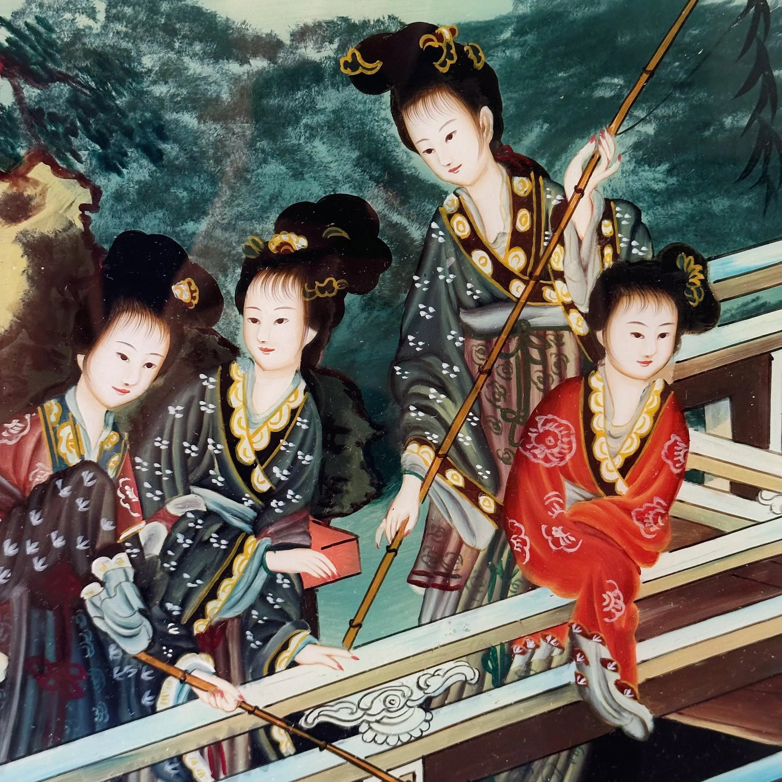 Antique Chinese Painting Depicting Traditional Women on Glass in Rosewood Frame With Bronze Detail - 3