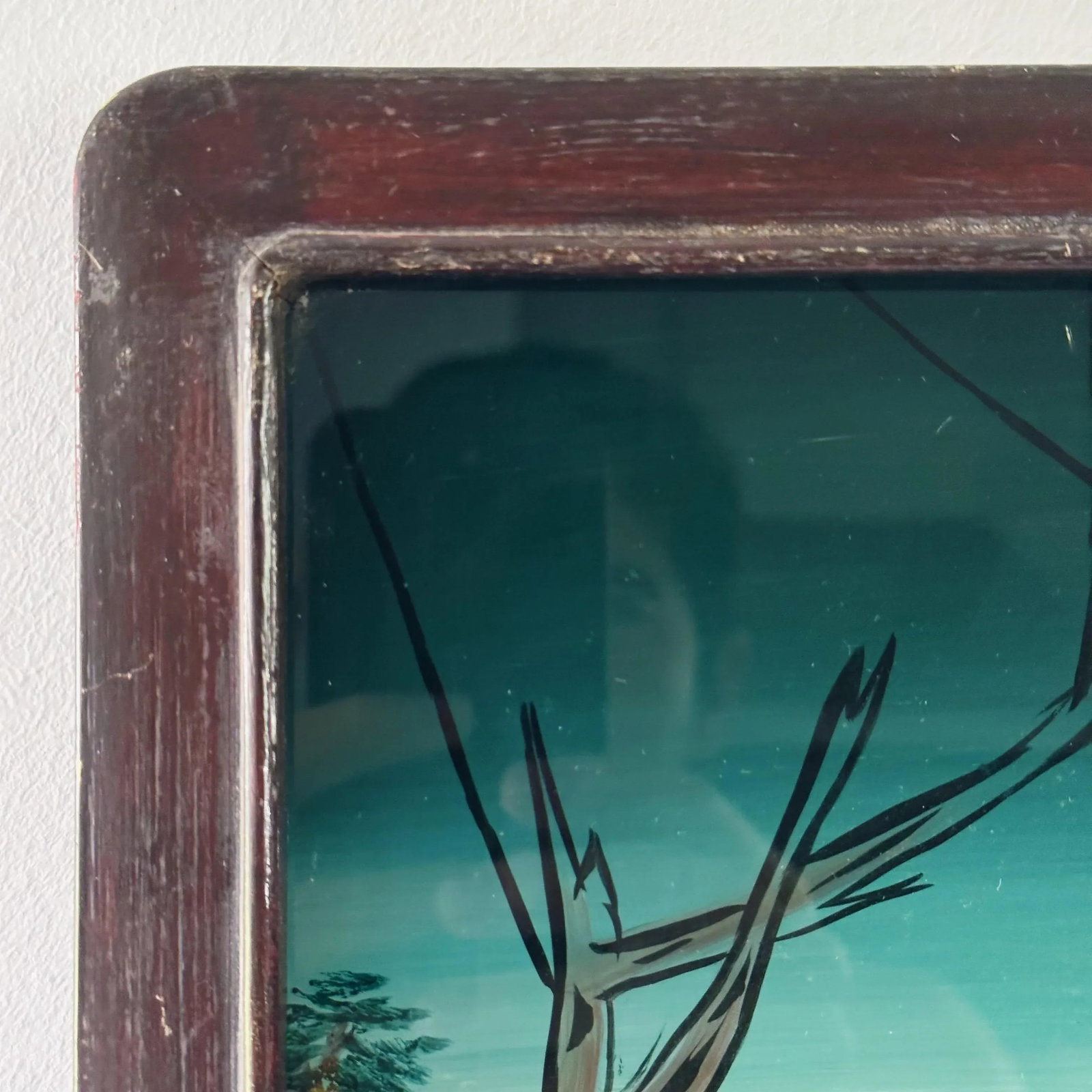 Antique Chinese Painting Depicting Traditional Women on Glass in Rosewood Frame With Bronze Detail - 5