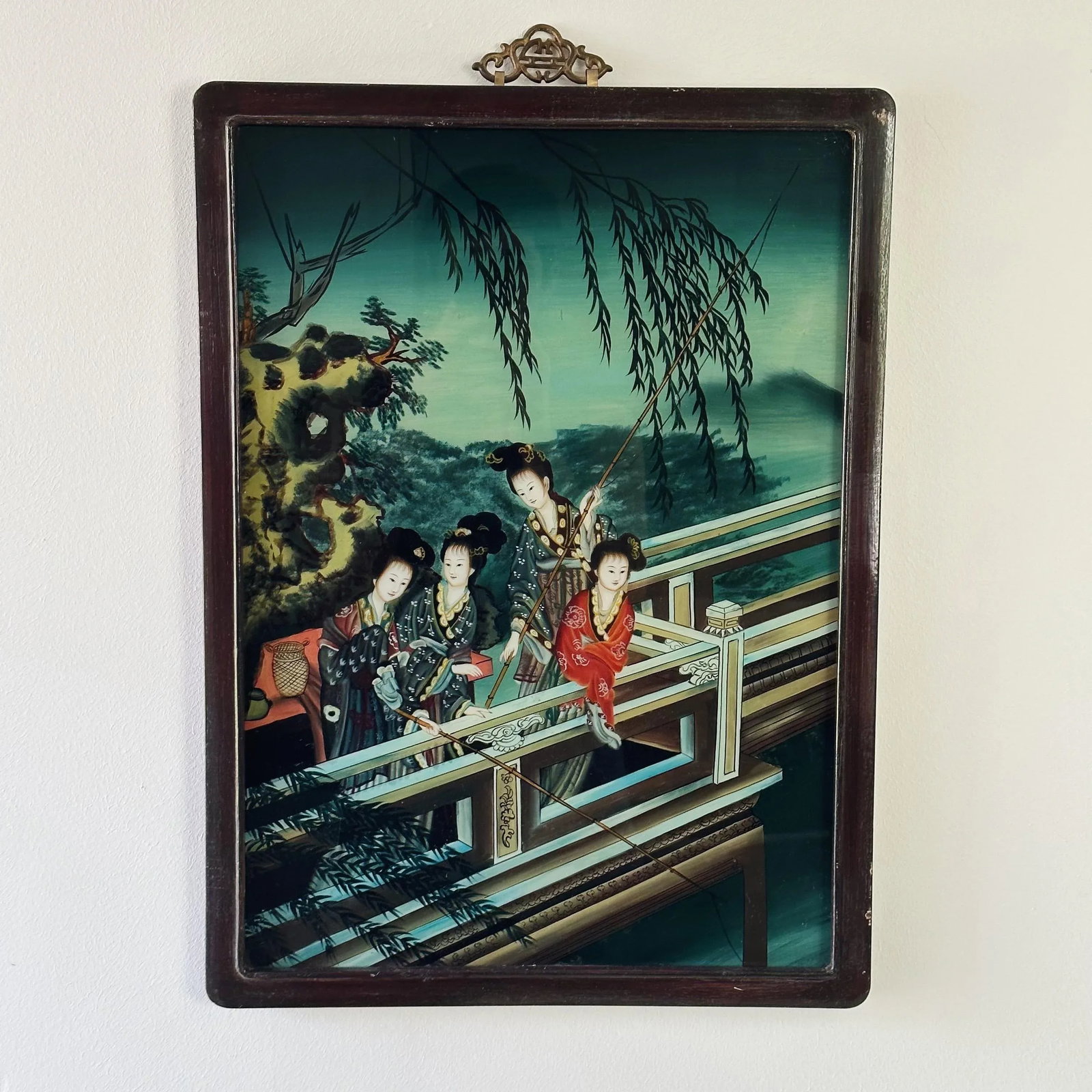 Antique Chinese Painting Depicting Traditional Women on Glass in Rosewood Frame With Bronze Detail - 9