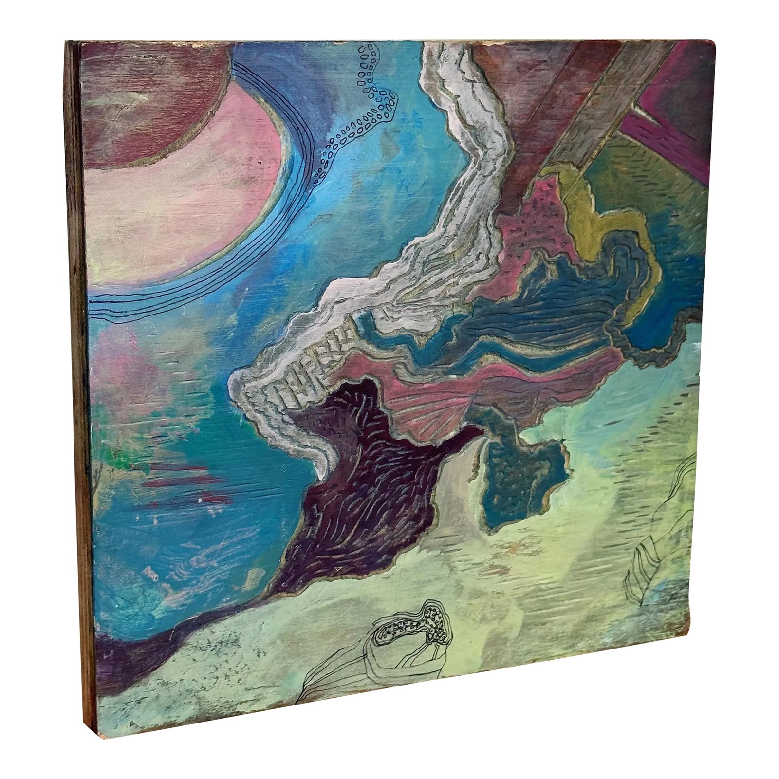Vintage Artist Print Block - Depicting Abstract Landscape in Purple and Blue: Vintage Artist Print Block - depicting abstract landscape in purple and blue Measures approx: 8.5W X 8H X 1D Please visit my other listings for more curated treasures. Condition: Alterations: