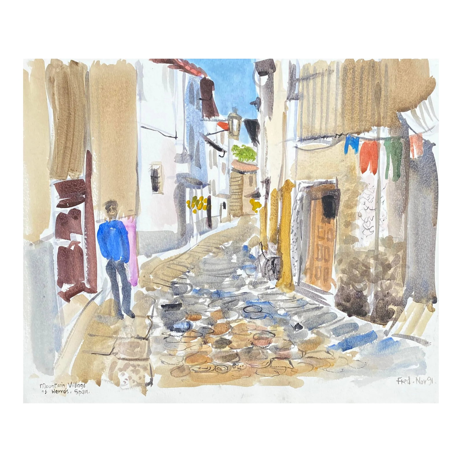 1991 Fred Atkinson Mountain Village Spanish Watercolor: Fred M. Atkinson (1941-2014) watercolor of Hervas, Spain. Location and title lower left; signed and dated lower right. Combined shipping available, please inquire. Shipping times are less than the Cha