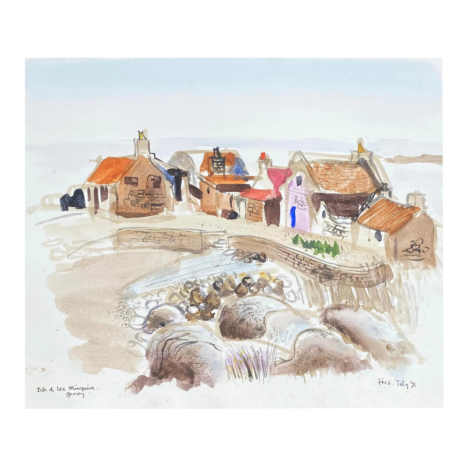 1991 Fred Atkinson Minqiers Coastal Village Watercolor: Watercolor by English artist Fred M. Atkinson (1941-2014) of Minquiers (The Minkies, les Minquiers, les Mintchiers). Signed and dated lower right; inscribed lower left "Isle of Minquiere / Jersey."
