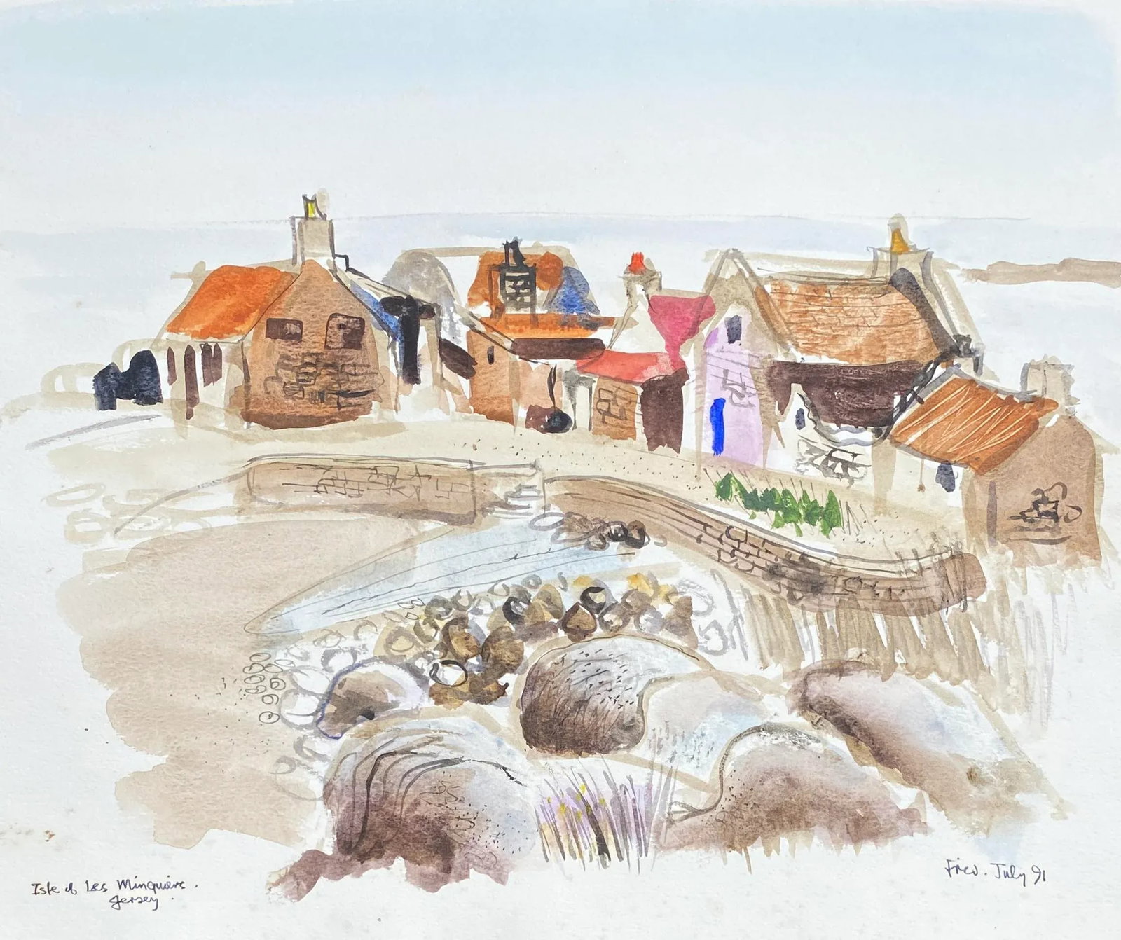 1991 Fred Atkinson Minqiers Coastal Village Watercolor - 3
