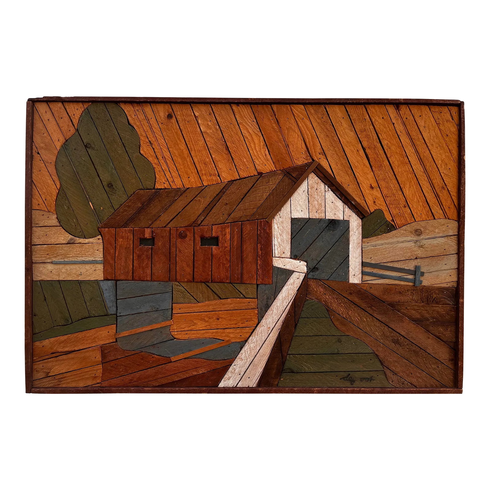 Vintage Original Theodore DeGroot Lath Folk Wall Art Signed by the Artist: Original Lath Art by Austin Productions, hand-painted and signed by the Dutch- American artist Theodore deGroot. Circa 1970s This charming piece features a rustic depiction of a barn in a rural