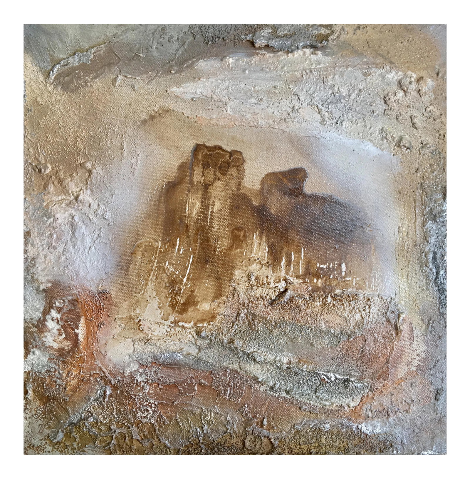 "Portal (#7 in Series)" Original Abstract Modern Neutral Art Metallic Landscape Painting: Series Poetic Statement: Portal of Peace. 12" x 12" Eco-Friendly Textured Oil, Acrylic, Metallic Silvers & Brass, and Silver Leaf Mixed-Media Statement Painting with beach sand on 1.5" Gallery Wrap