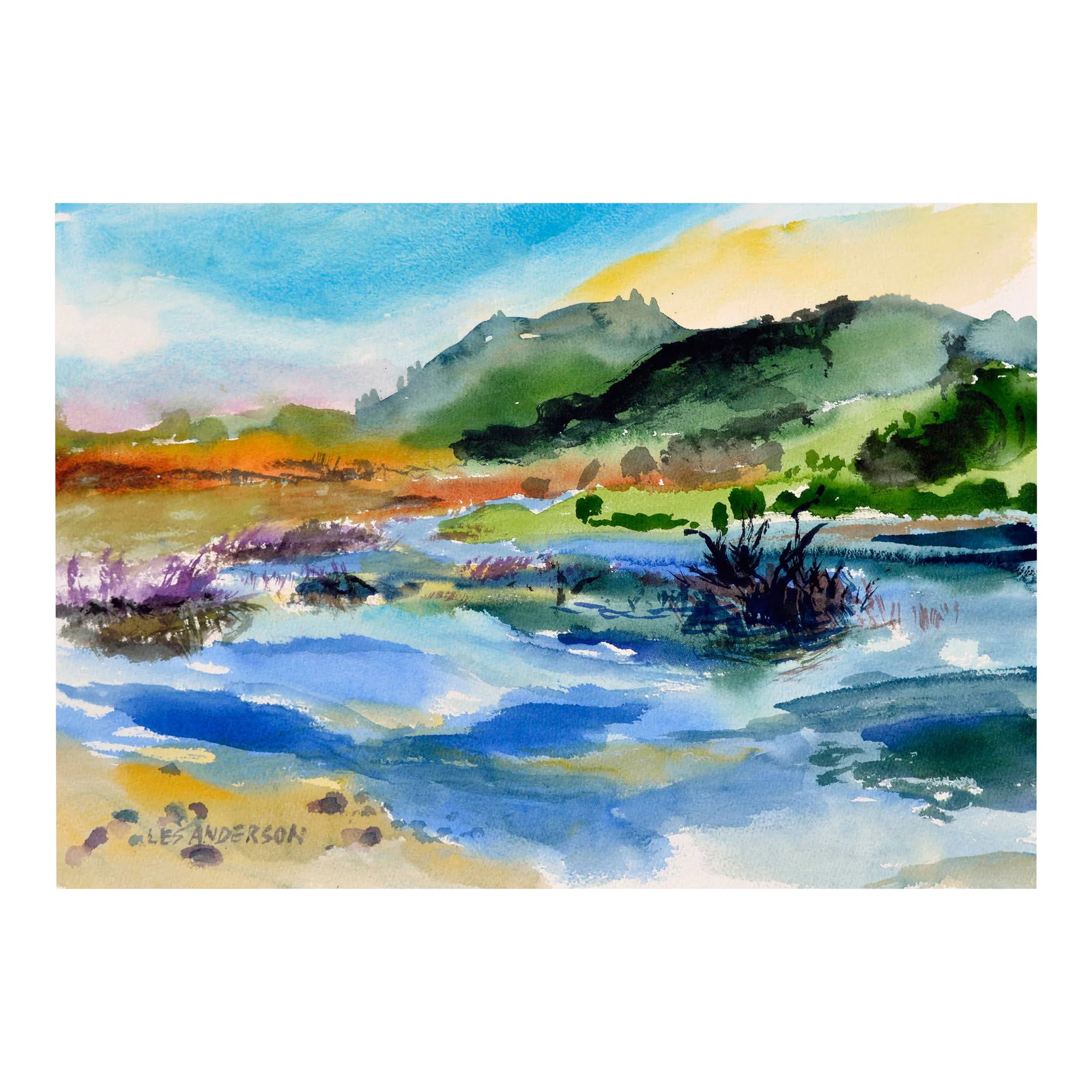 Moss Landing Marshland Landscape by Les Anderson: Colorful landscape of Moss Landing marshland (just north of Carmel, California by Les (Leslie Luverne) Anderson (American, 1928-2009). Signed lower left corner. Unframed. Image size: 14"H x 20"W. Les
