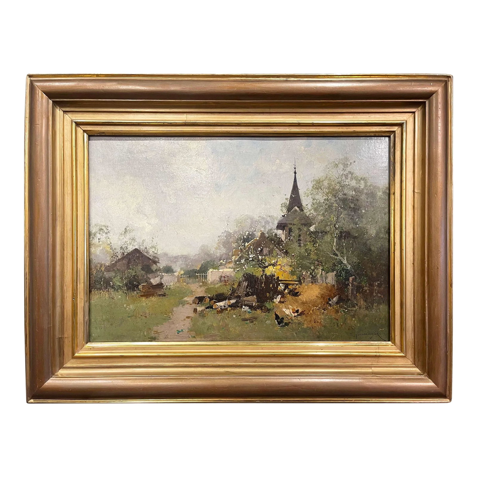 19th Century Framed Farmyard Oil Painting Signed Kermanguy for E. Galien-Laloue: Decorate a study, living room or den with this beautiful and colorful antique painting! Painted in France circa 1890, the artwork on canvas is set in a 19th century carved gilt wood frame and