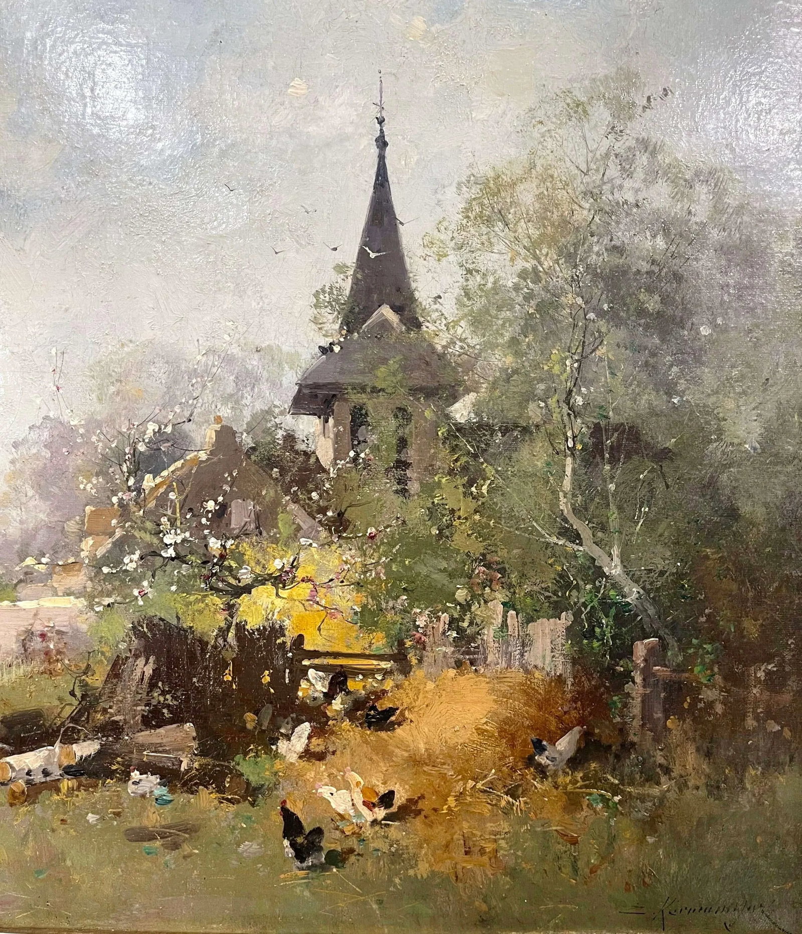 19th Century Framed Farmyard Oil Painting Signed Kermanguy for E. Galien-Laloue - 5