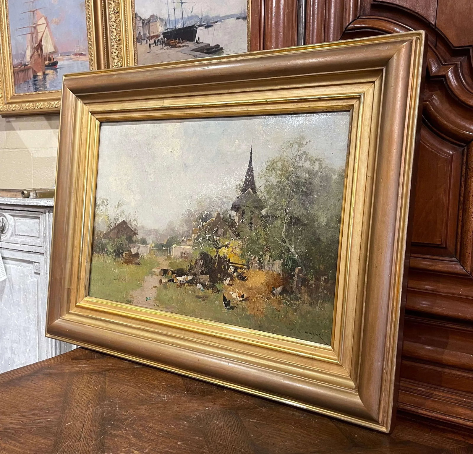 19th Century Framed Farmyard Oil Painting Signed Kermanguy for E. Galien-Laloue - 8