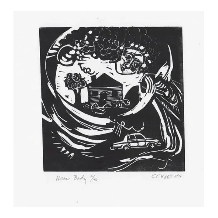 1997 Home Body Linocut by Vess: 1997 "Home Body" linocut signed CC Vess. Titled and numbered 2 of 40. Condition: Alterations: Original Condition Unaltered Imperfections: Some Imperfections Condition Notes: Overall good condition.
