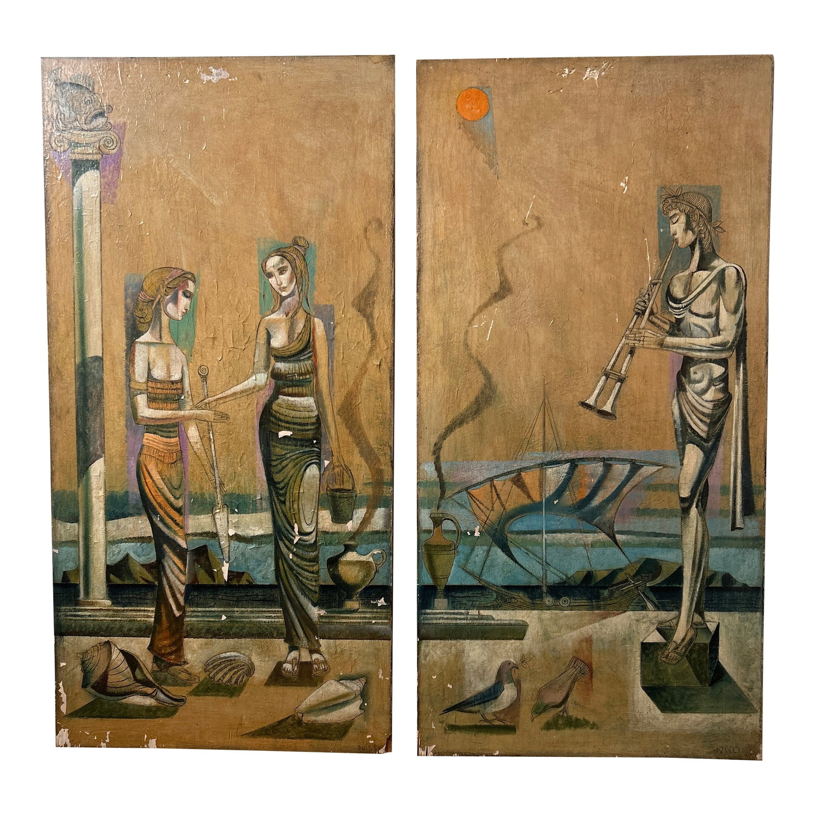 Mid 20th Century Leon Dusso Diptych, Paintings Oil on Wood- Set of 2: Leon Dusso (1918-1991), diptych, oil on board, mid 20th century, signed lower right. A substantial diptych (2 pieces or panels that together create a single piece) oil painting showing two young ladie