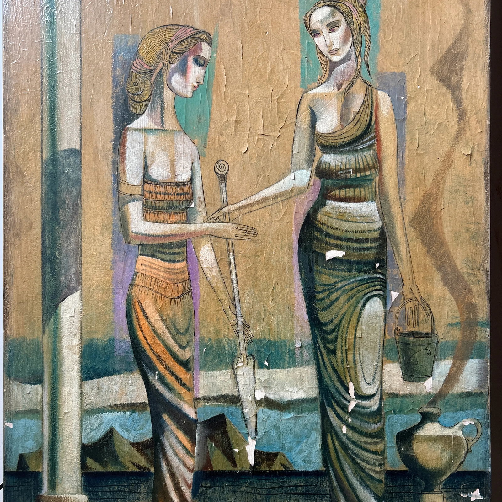 Mid 20th Century Leon Dusso Diptych, Paintings Oil on Wood- Set of 2 - 2