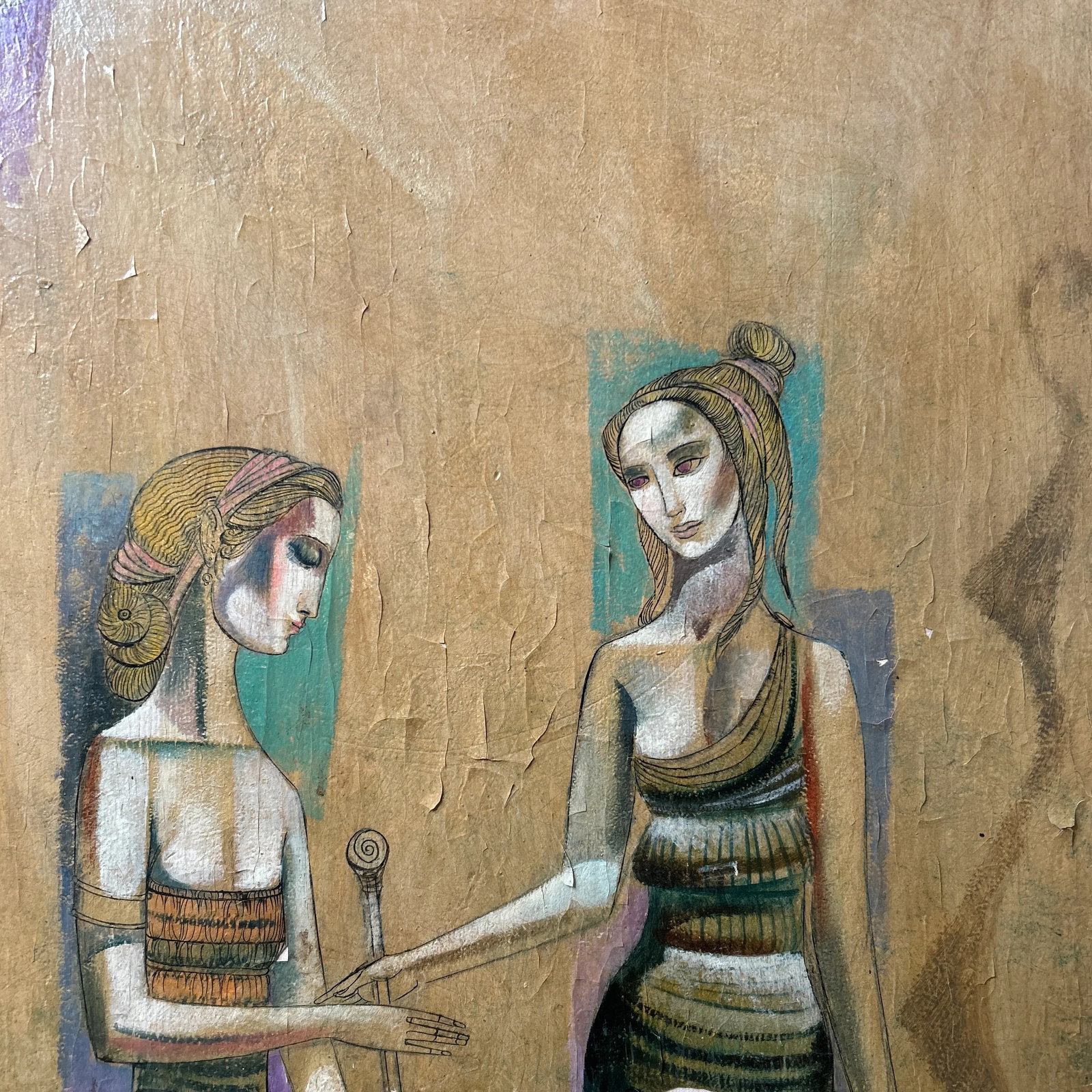 Mid 20th Century Leon Dusso Diptych, Paintings Oil on Wood- Set of 2 - 3