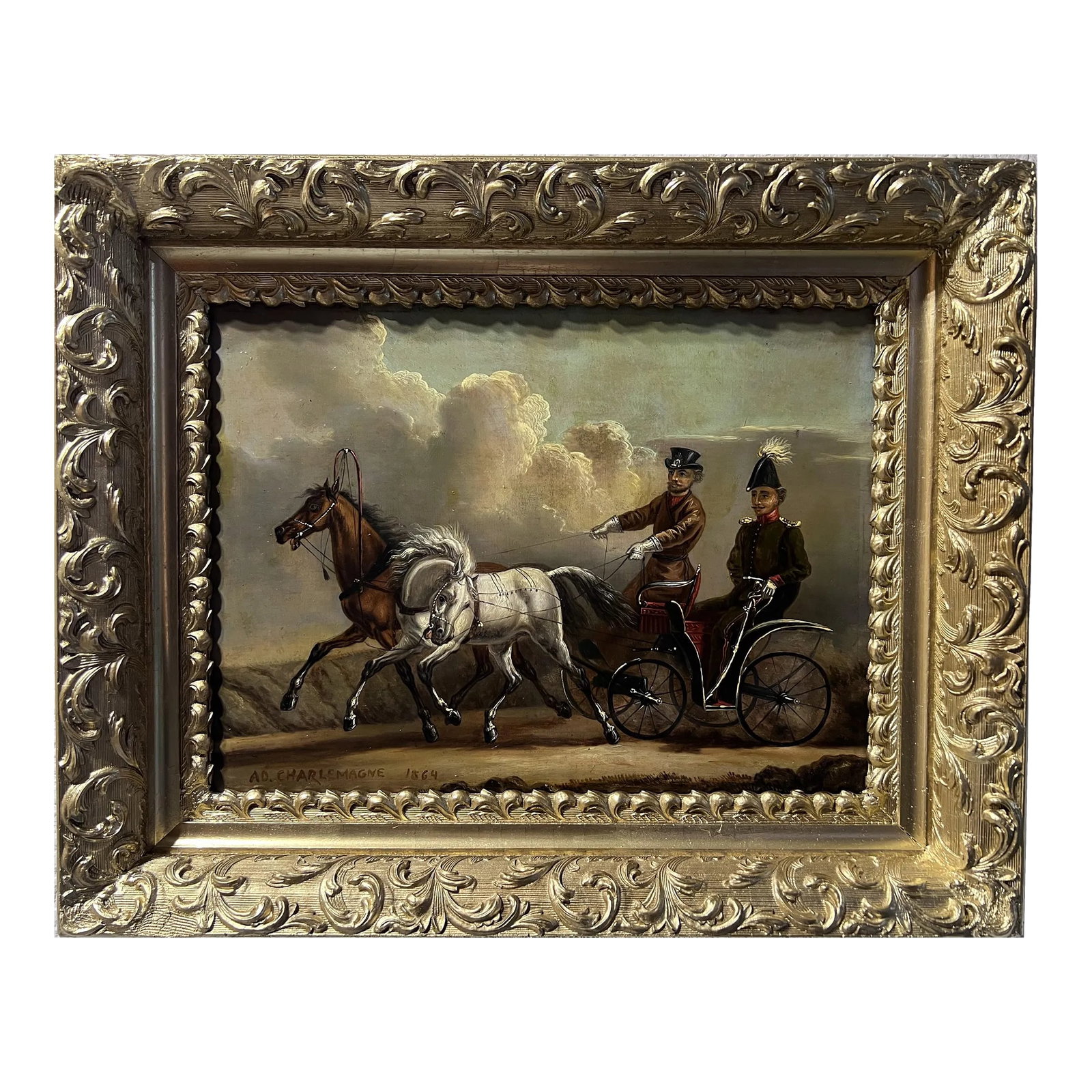 1864 Adolf Charlemagne 1826-1901 Imperial Academy, Antique Original Oil Painting: Original 1864 Oil Painting by Adolf Jossifowitsch Charlemagne - Russian Imperial Artist - Carriage Scene on Metal Up for sale is a very rare and historically significant 19th-century original oil