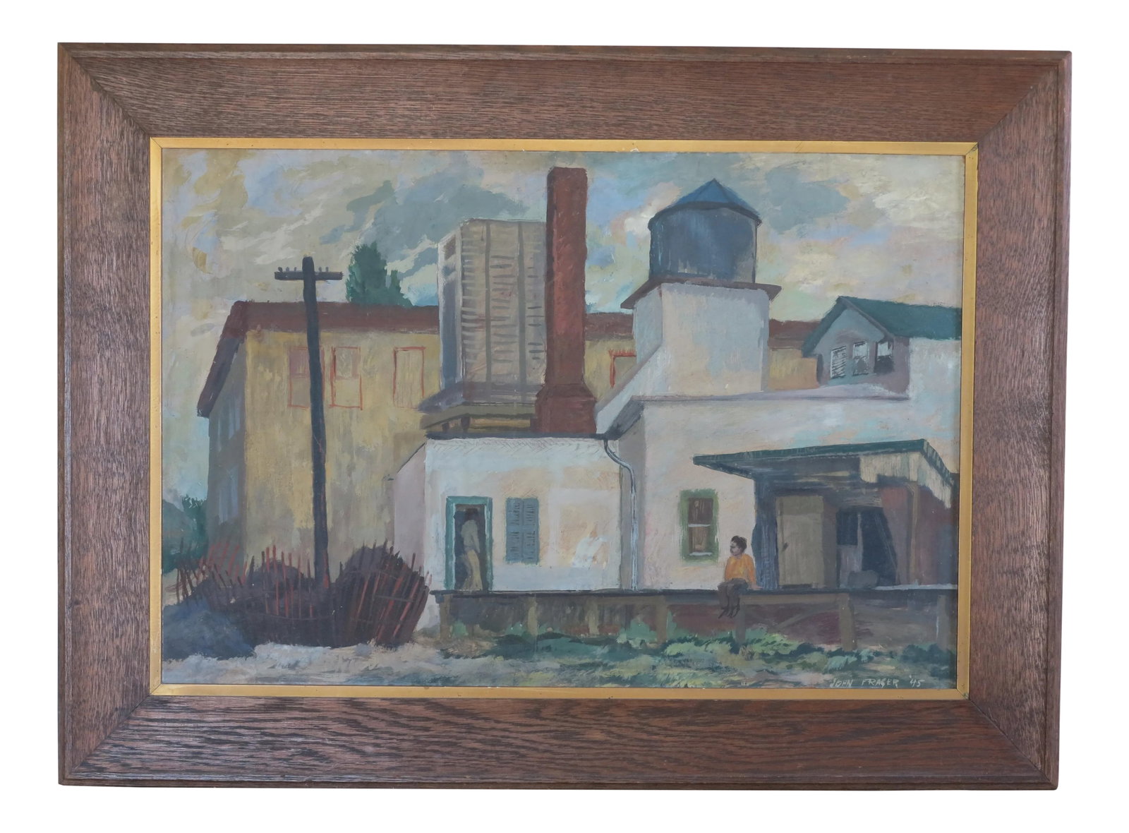 1940s Industrial "Railroad Siding" Painting on Board by John Fraser: A rare and quite captivating gouache on board in oak frame by noted WPA artist John Fraser. C. 1945 Condition: Alterations: Original Condition Unaltered Imperfections: Some Imperfections Condition
