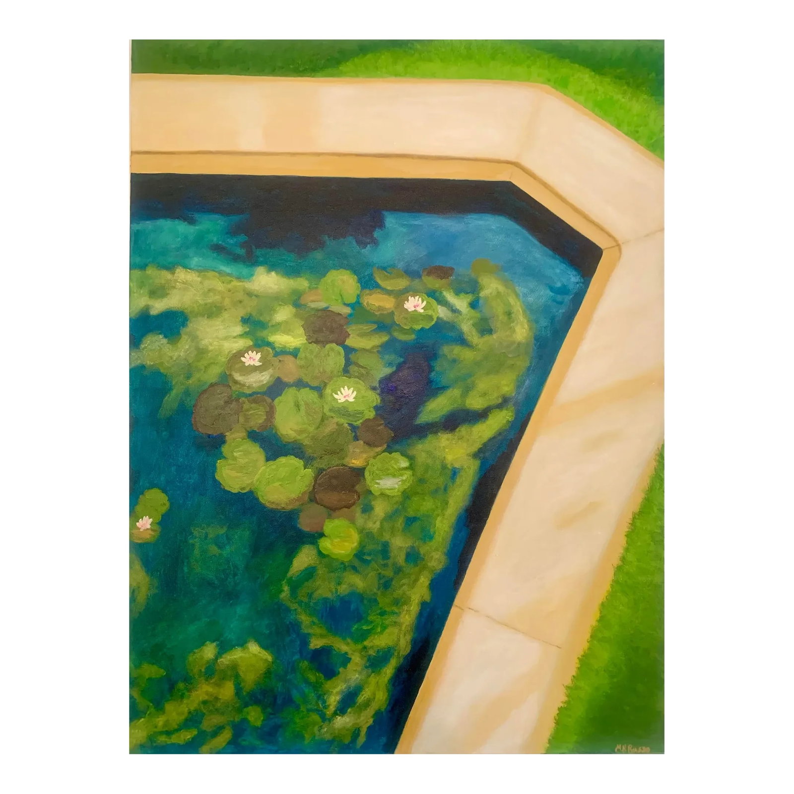 Blue Water Impressionist Style Contemporary Acrylic Painting: Impressionist style painting in rich, jewel tones of a reflecting pond with water lilies. Acrylic on gallery wrapped canvas. Condition: Imperfections: No Imperfections Origin: United States Materials