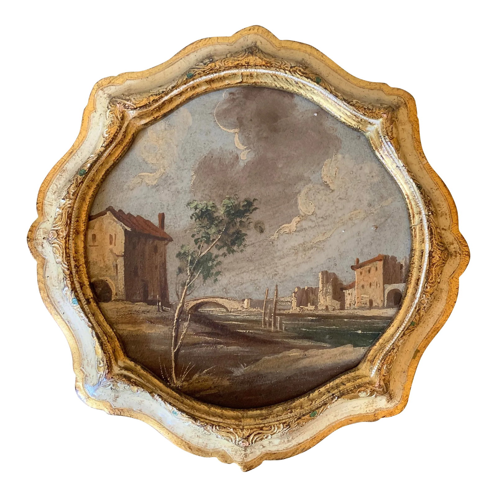 Vintage Italian Capriccio Framed Oil on Canvas Painting of Landscape With Ruins: A distinctive Italian capriccio landscape, painted in oil on a shaped canvas and presented in a softly worn giltwood frame. The composition draws from the Grand Tour tradition-romanticized ruins,