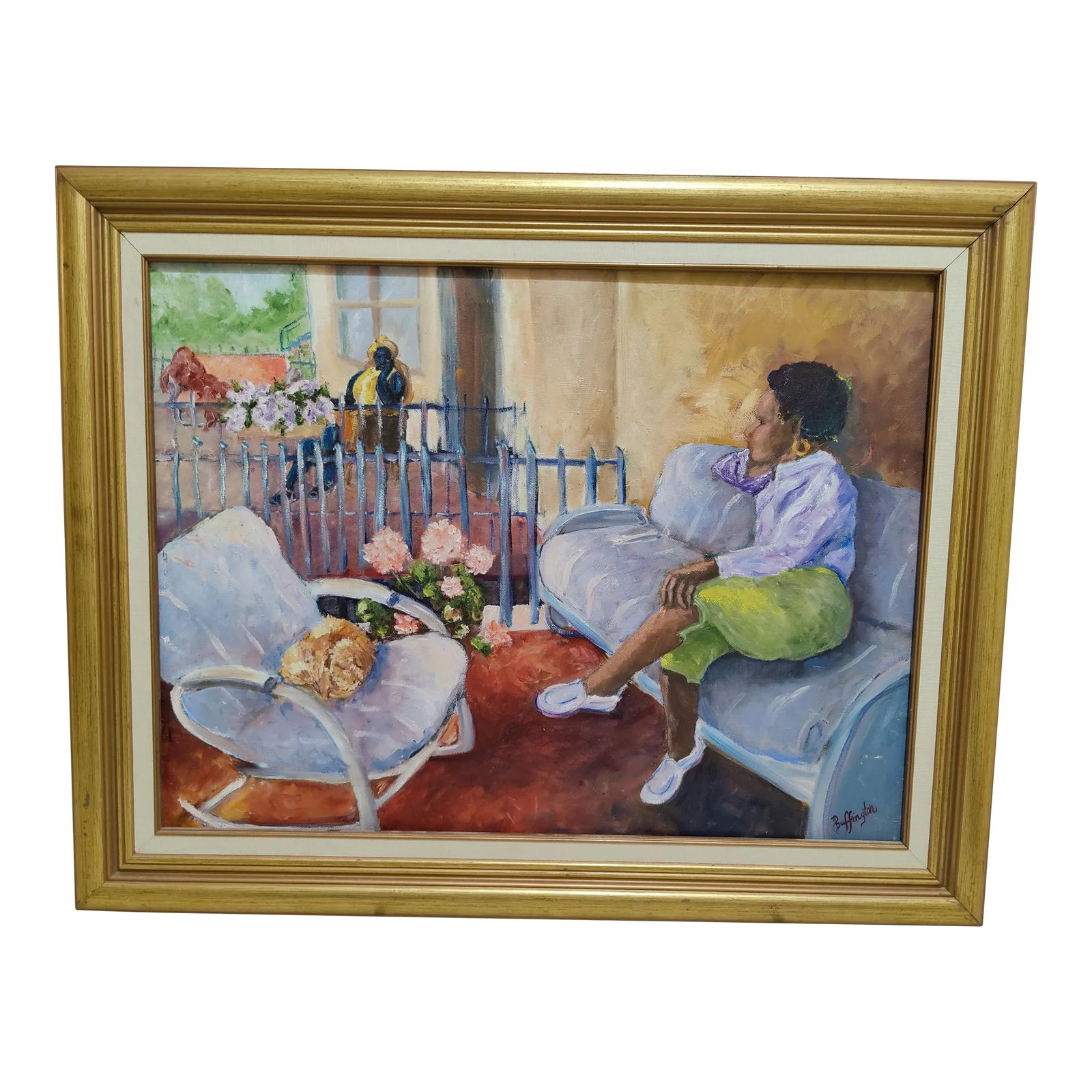 Diane Buffington Original Impressionist Figurative Acrylic Painting on Canvas: Up for sale is this DIANE BUFFINGTON Original Acrylic Painting Signed Buffington Impressionist Realism Magnificent Original Artwork that gives you the feeling of Sitting at Home outside Relaxing with